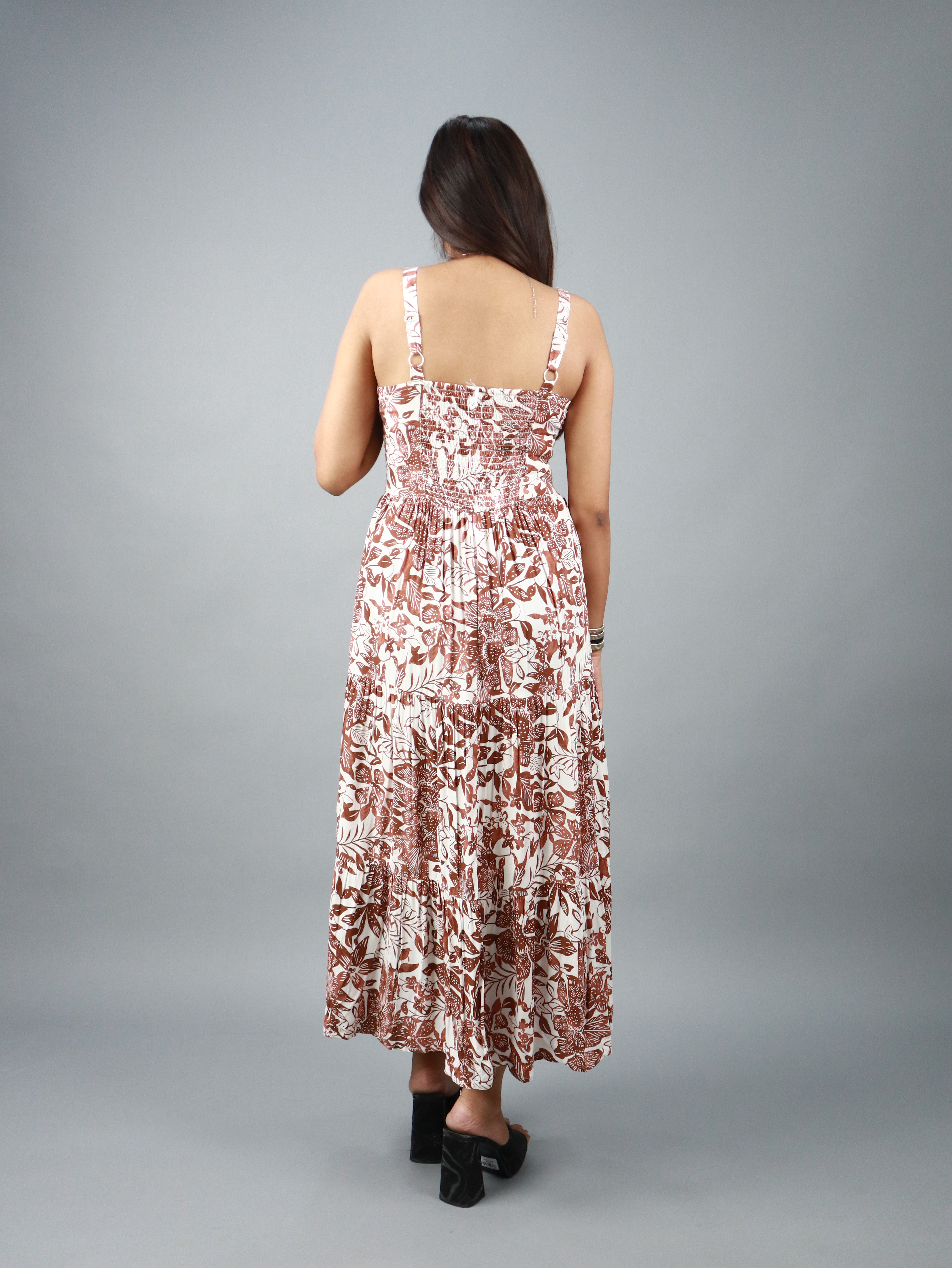 Brown & White Floral Printed Sleeveless Midi Dress - Fashion Needles
