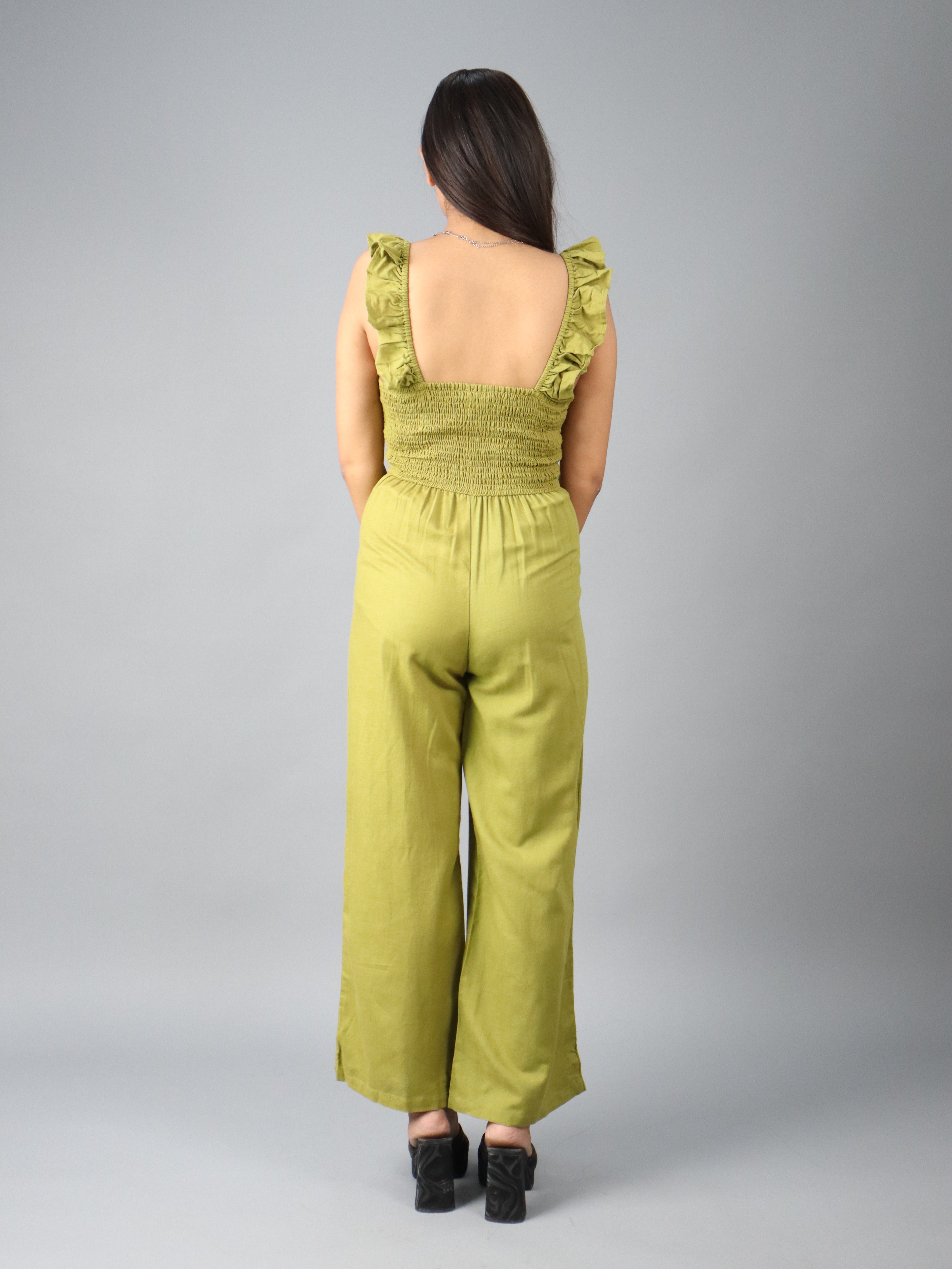 Solid Green Sleeveless Ruffle Jumpsuit - Fashion Needles