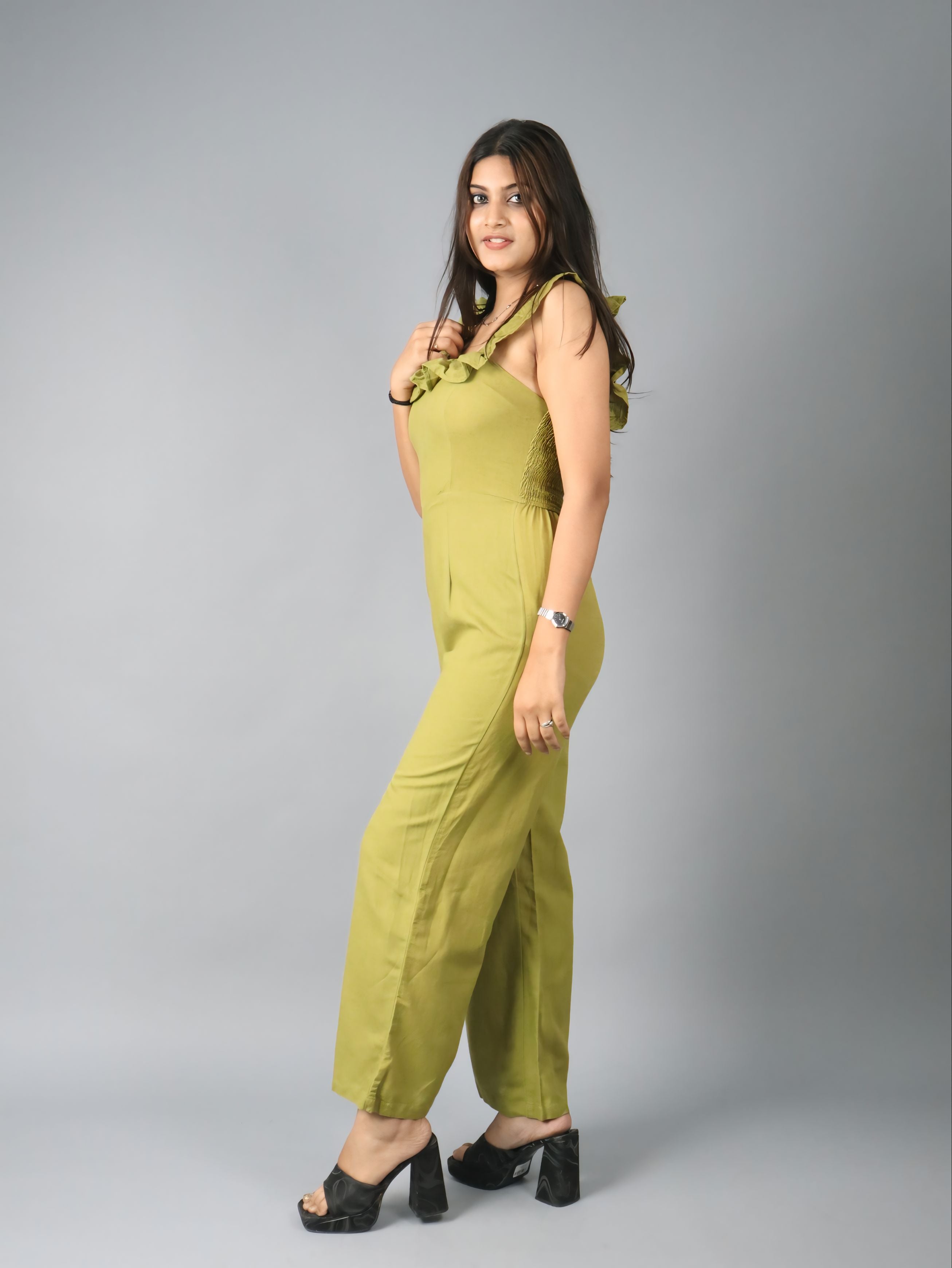 Solid Green Sleeveless Ruffle Jumpsuit