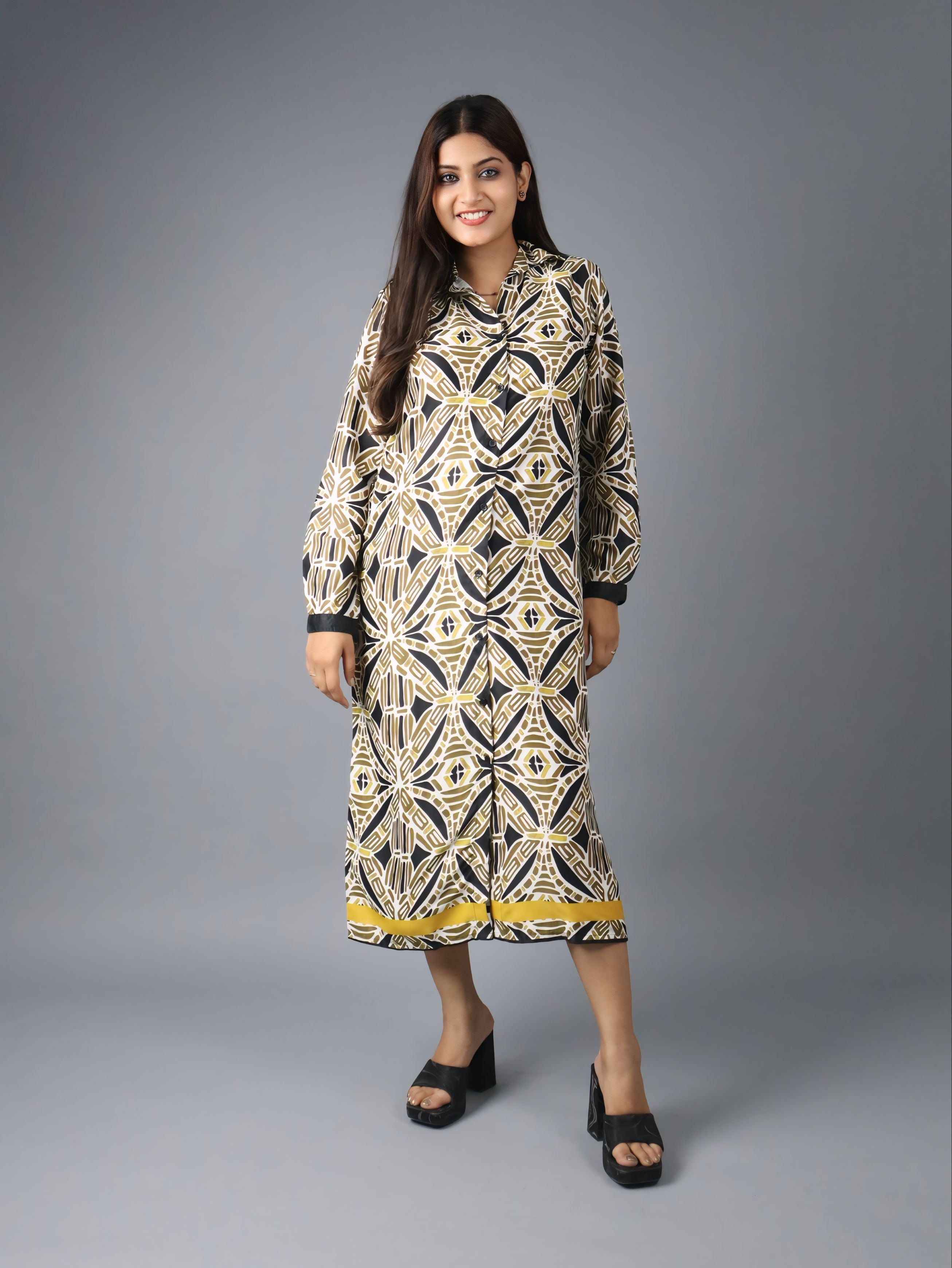 Women’s Geometric Print Midi Dress with Long Sleeves