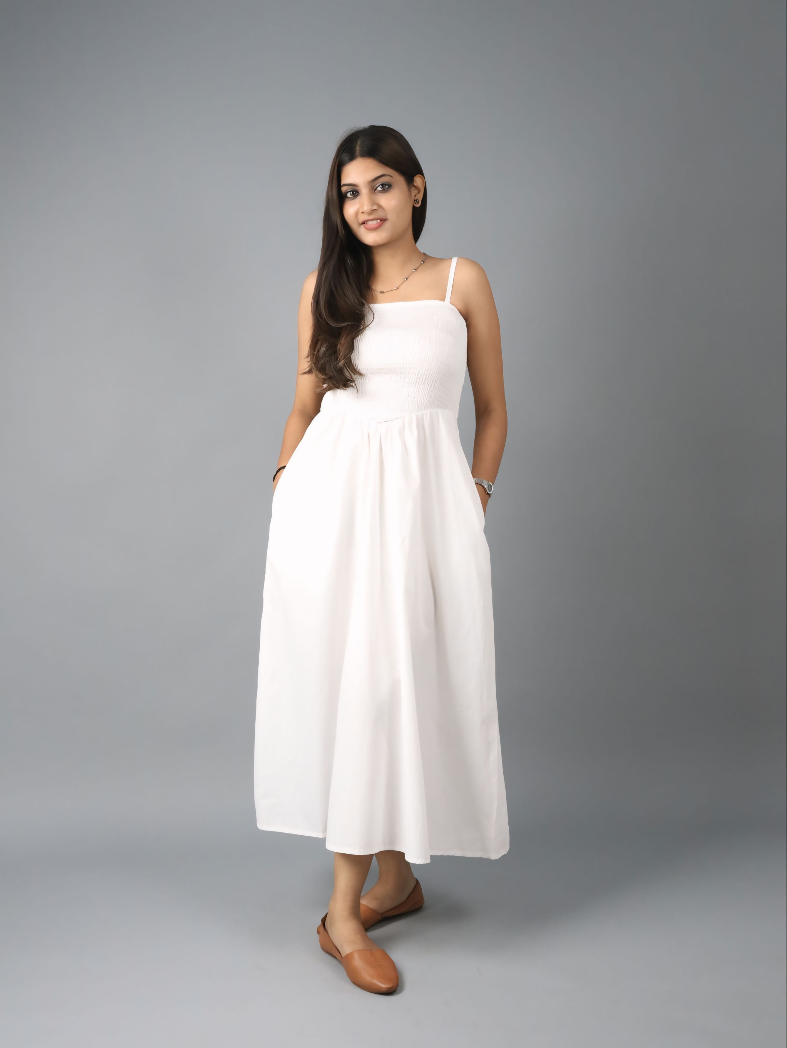 Women’s White Sleeveless Strappy Smocked Midi Dress