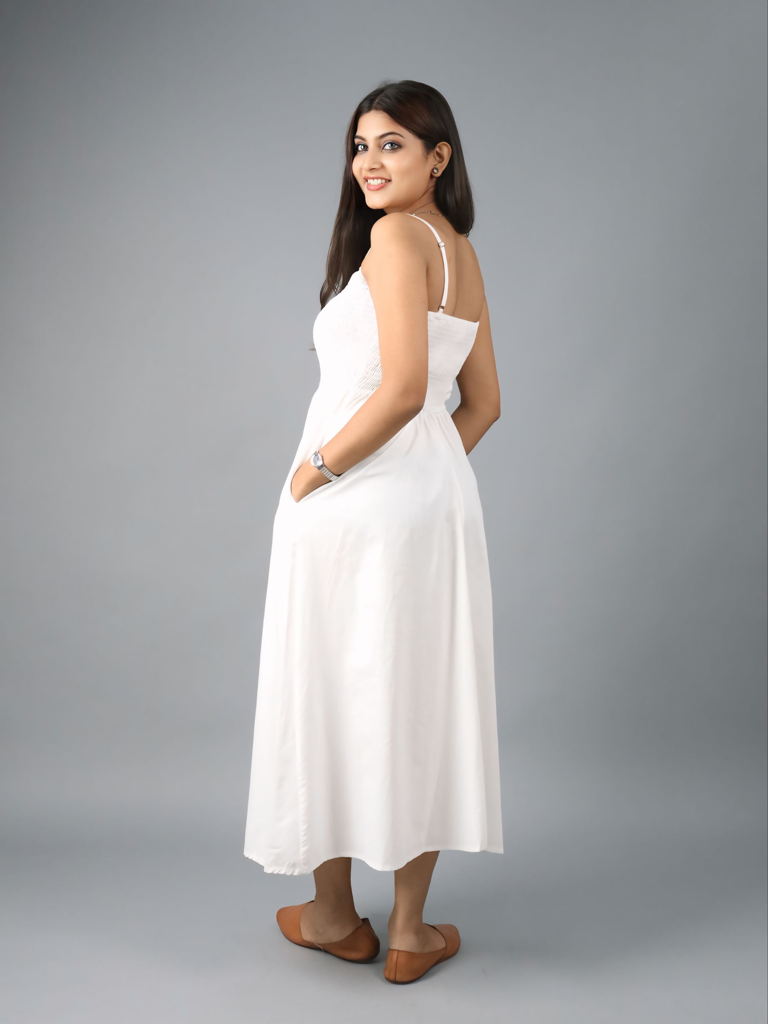 Women’s White Sleeveless Strappy Smocked Midi Dress