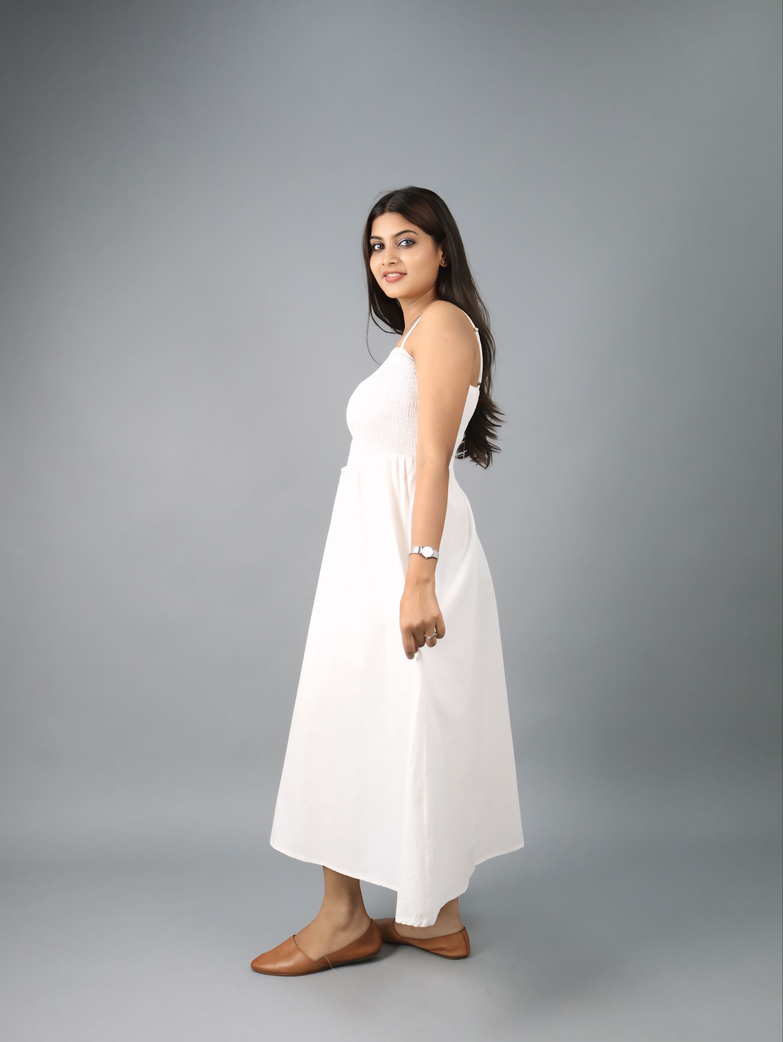 Women’s White Sleeveless Strappy Smocked Midi Dress