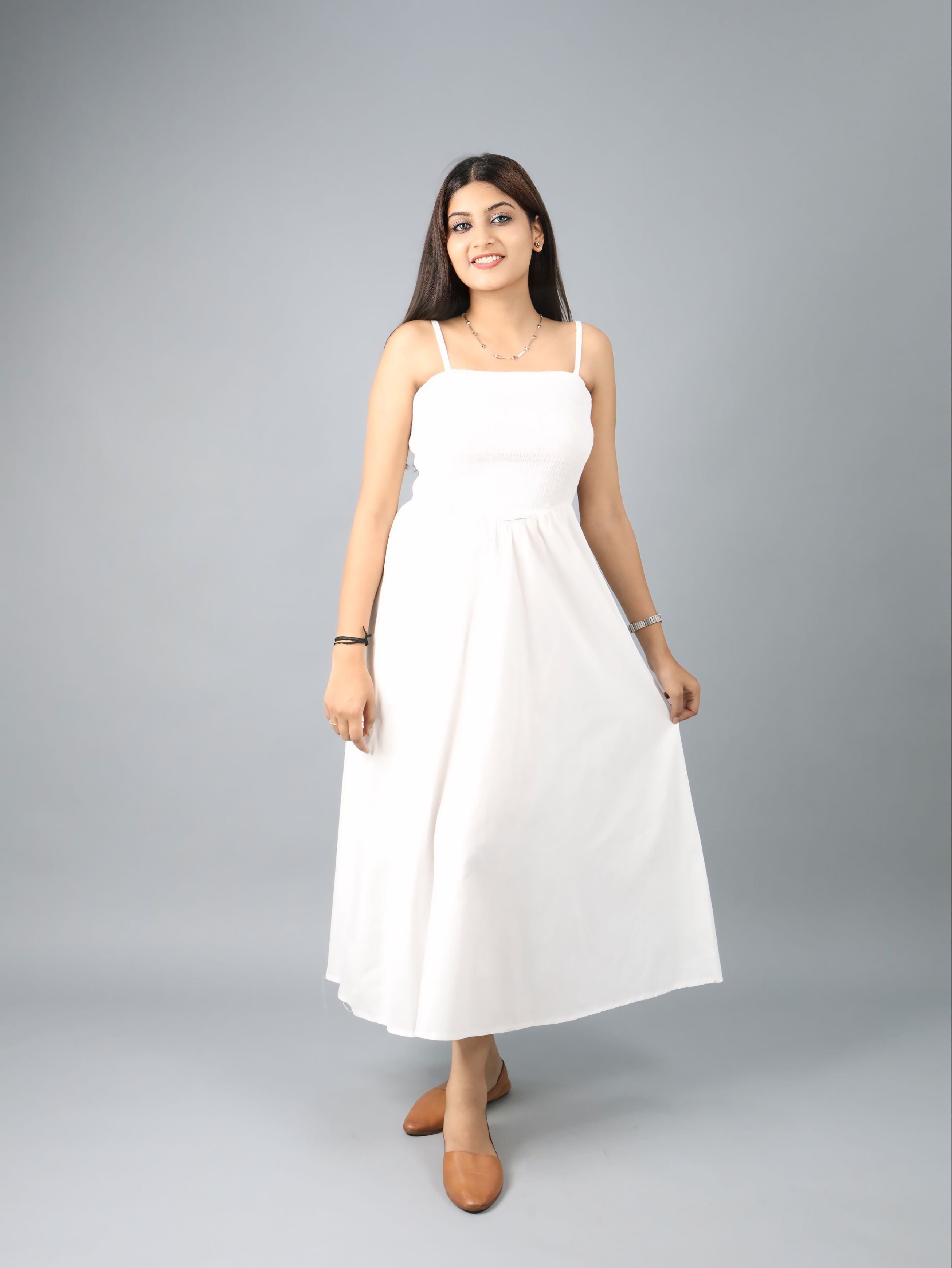 Women’s White Sleeveless Strappy Smocked Midi Dress