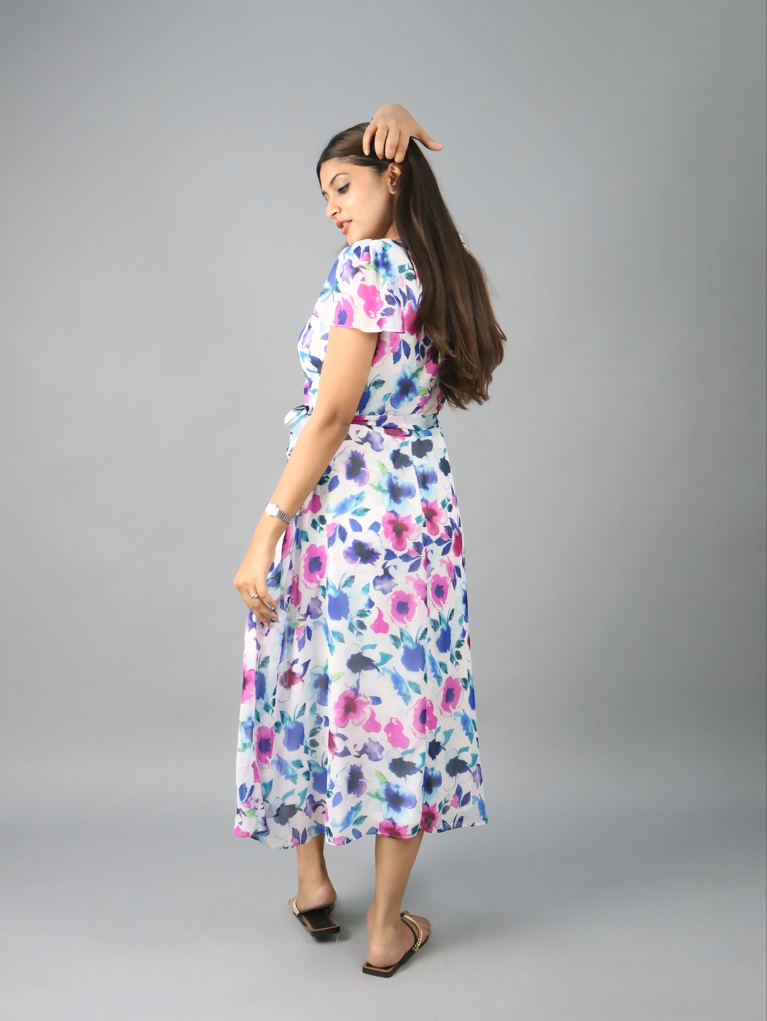 Women’s Floral Print Wrap Midi Dress with Short Sleeves