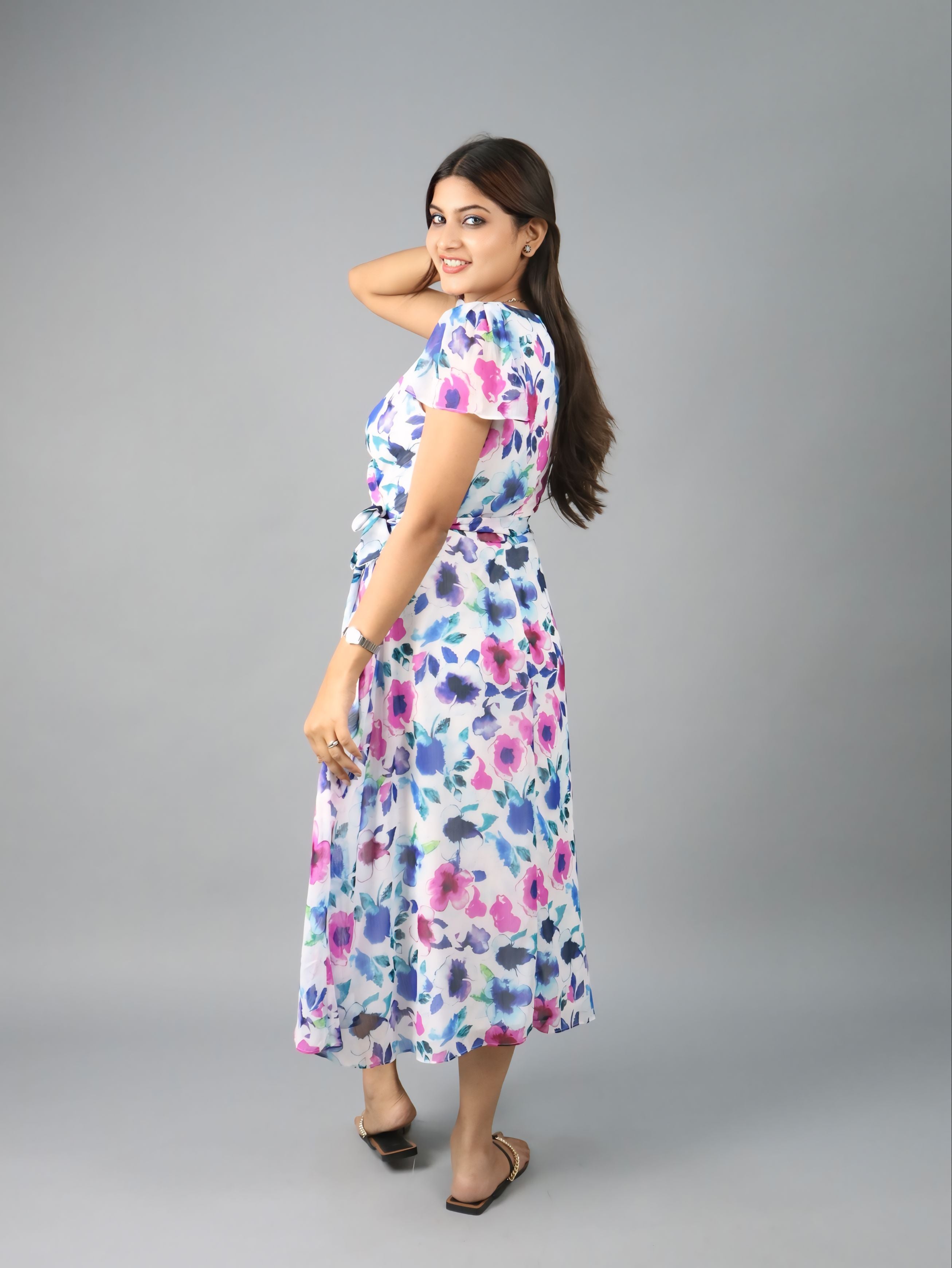 Women’s Floral Print Wrap Midi Dress with Short Sleeves