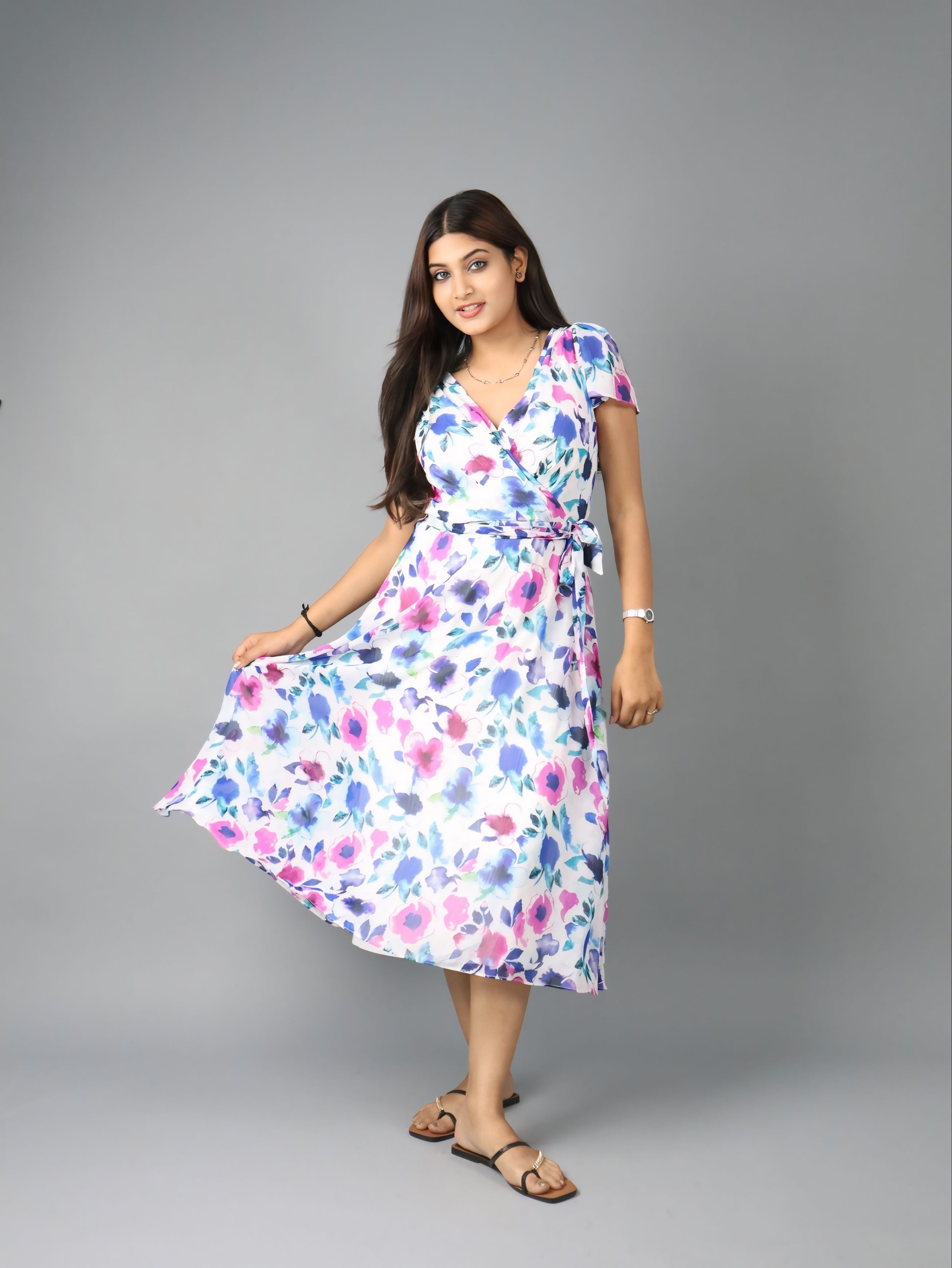 Women’s Floral Print Wrap Midi Dress with Short Sleeves