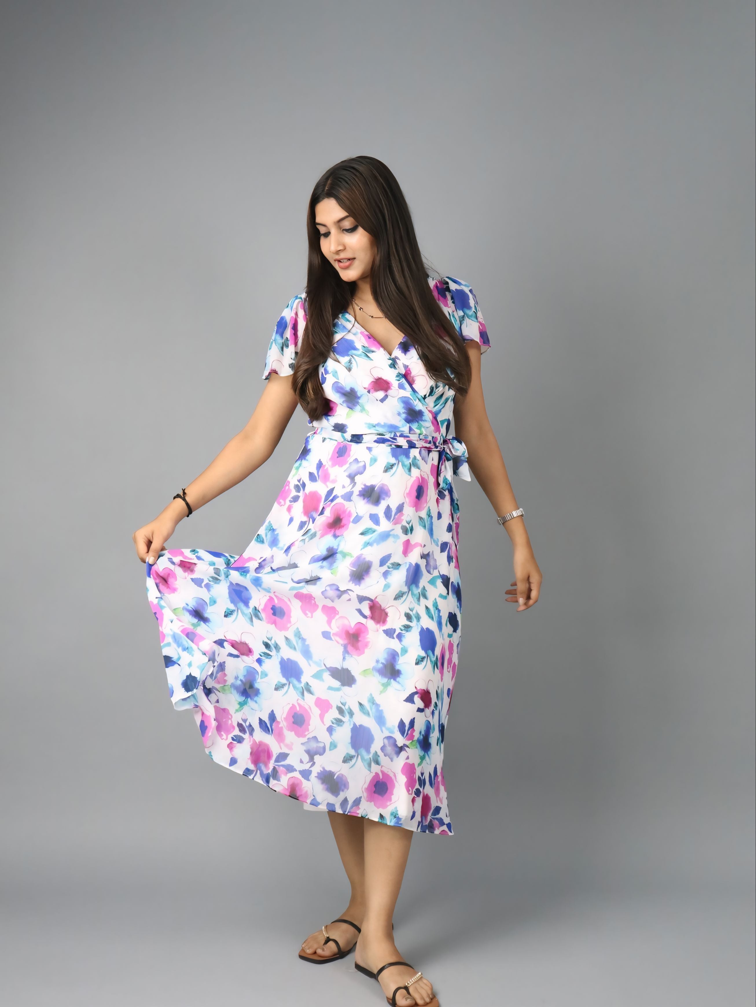 Women’s Floral Print Wrap Midi Dress with Short Sleeves