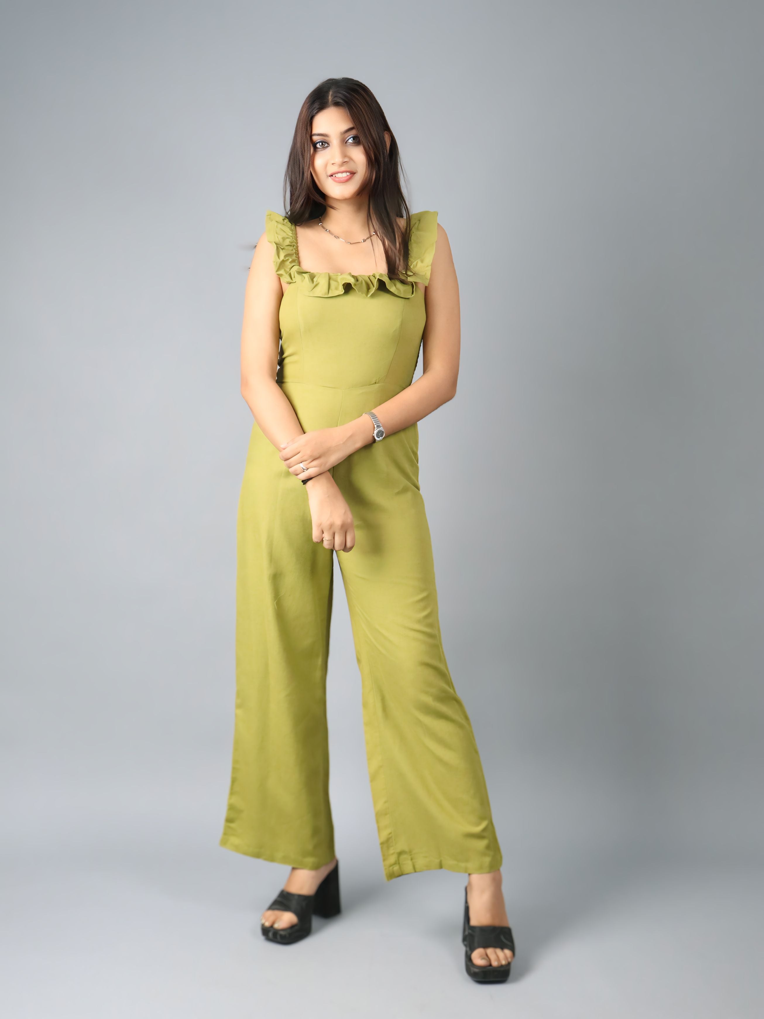 Solid Green Sleeveless Ruffle Jumpsuit