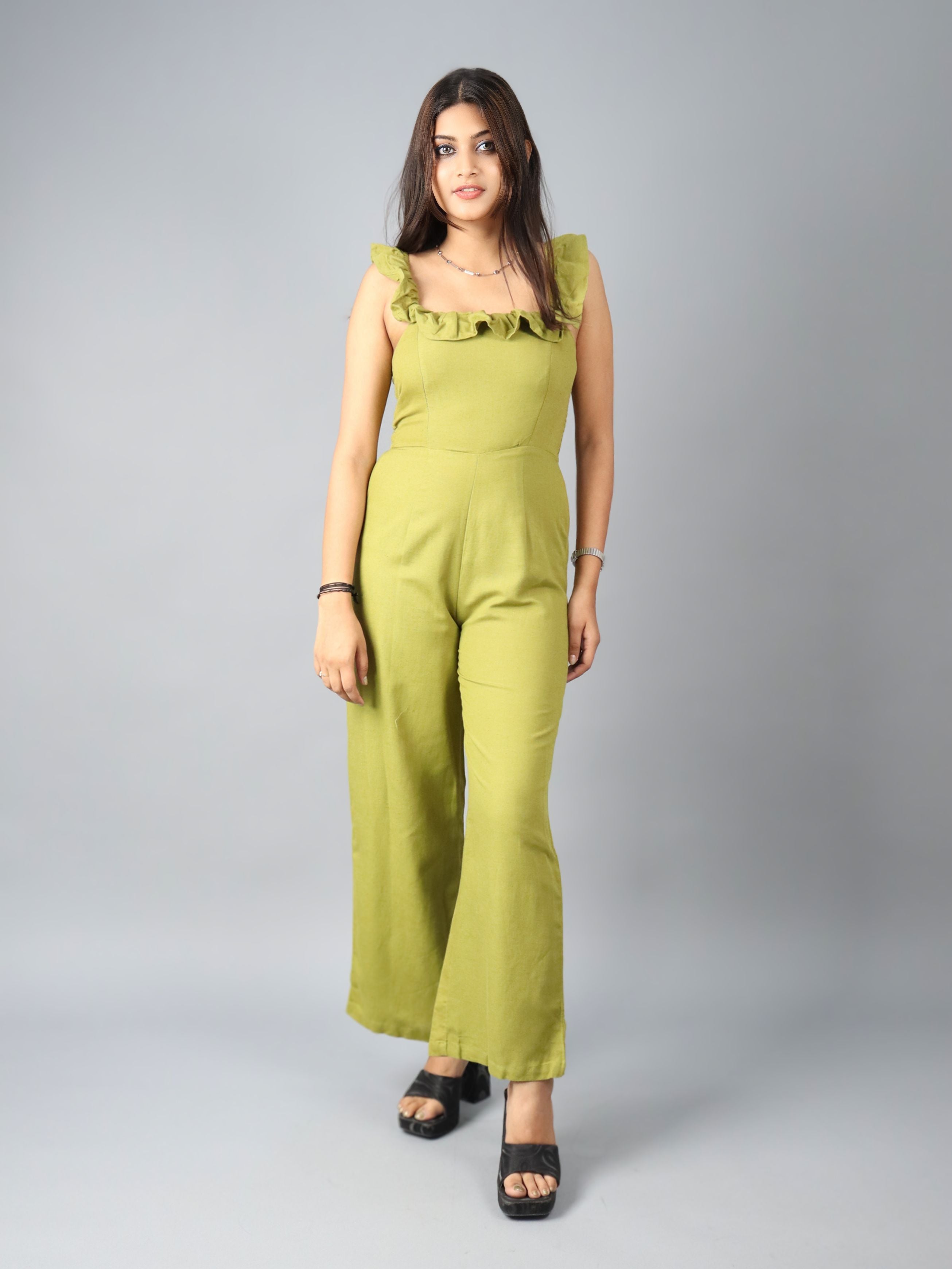 Women’s Solid Green Sleeveless Ruffle Jumpsuit