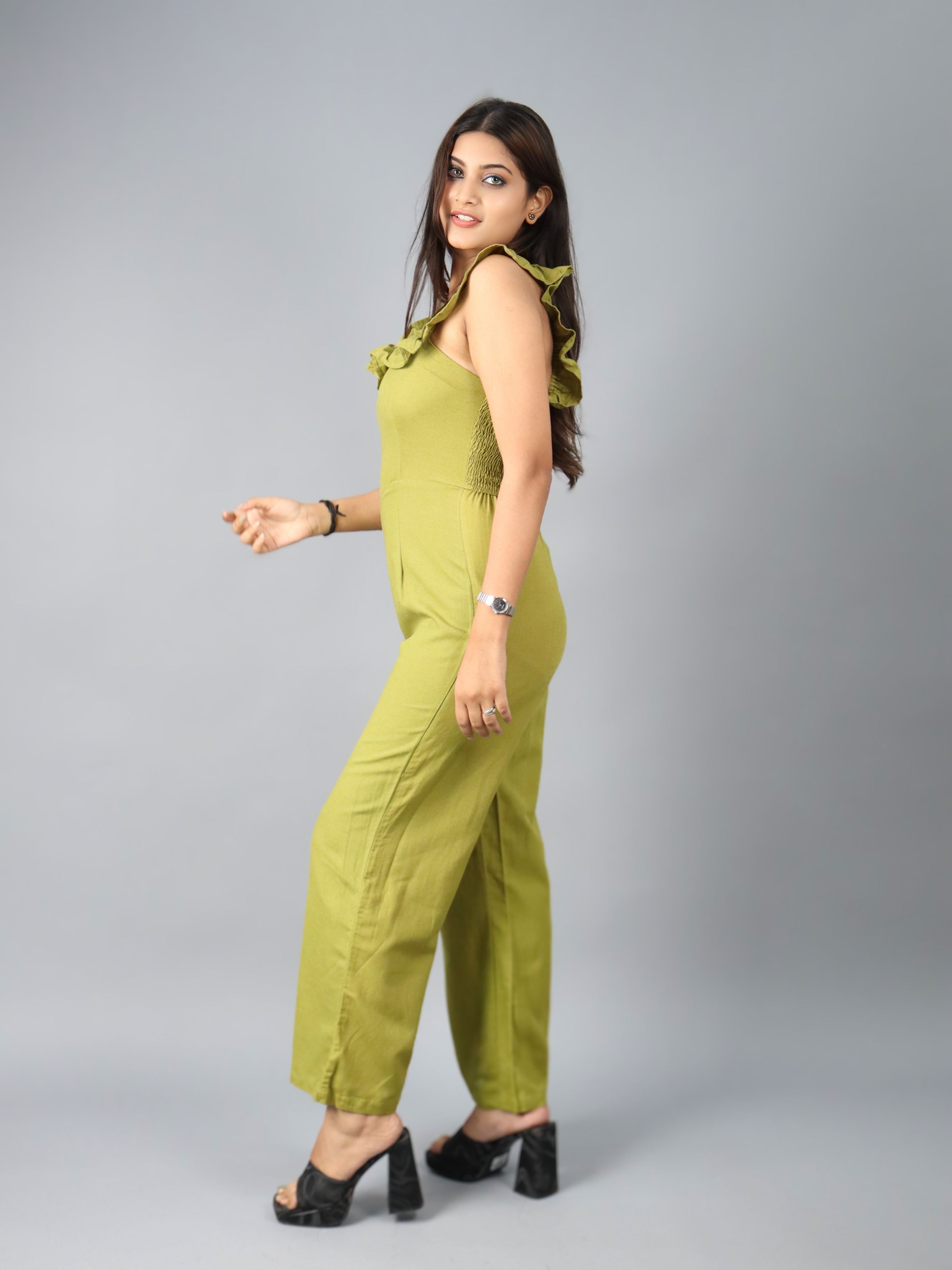 Solid Green Sleeveless Ruffle Jumpsuit