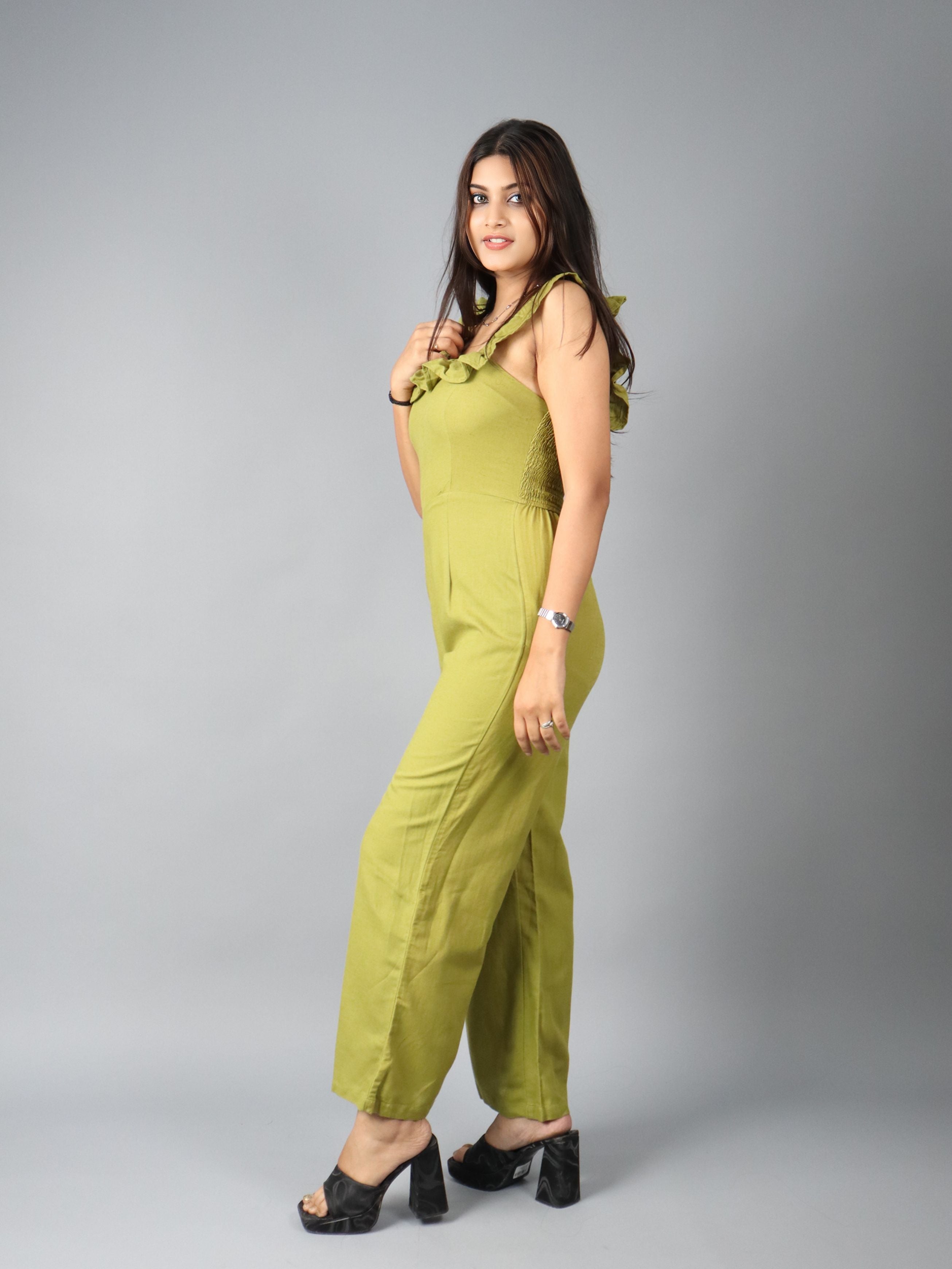 Solid Green Sleeveless Ruffle Jumpsuit