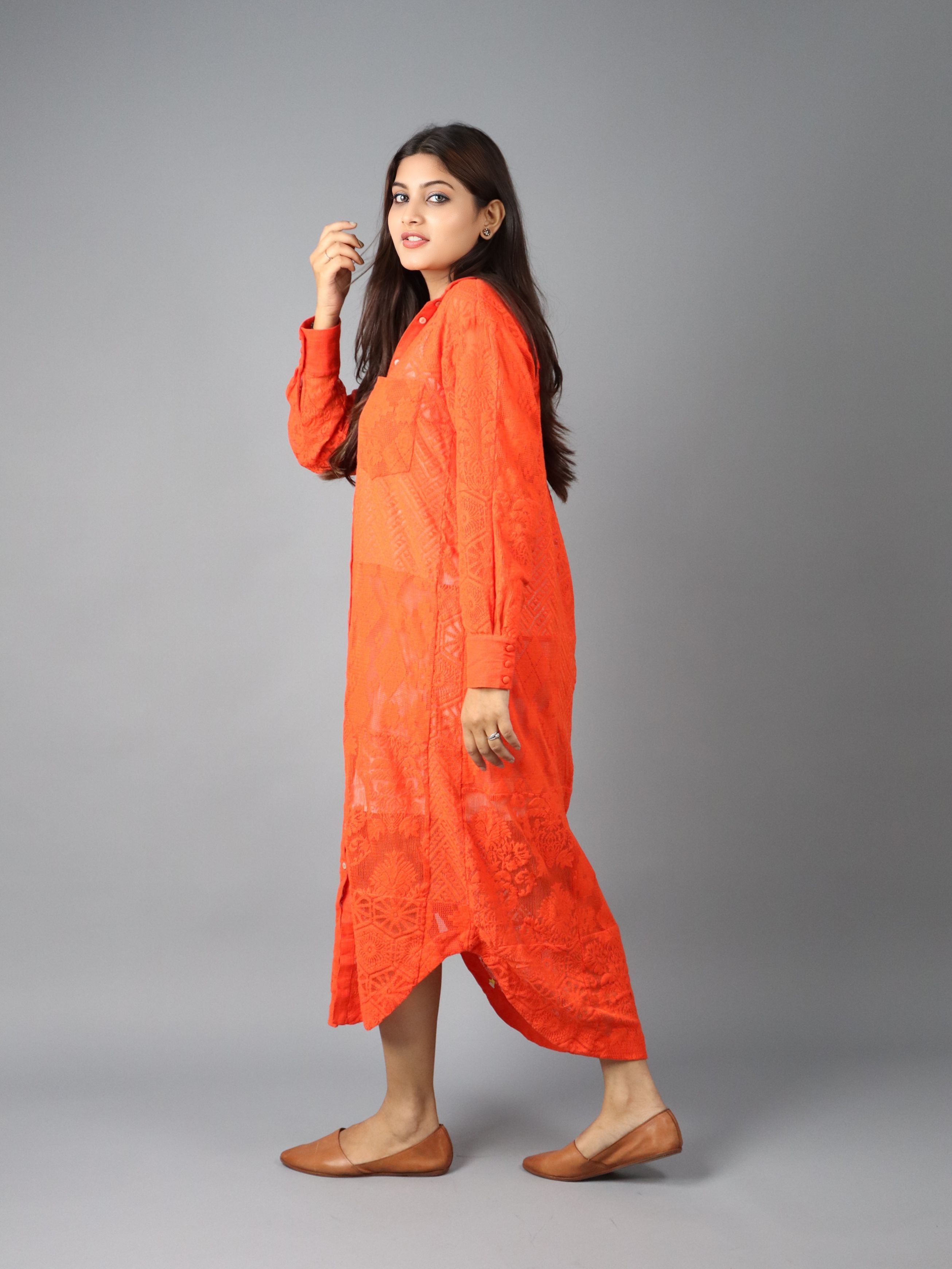 Orange Embroidered Shirt Midi Dress