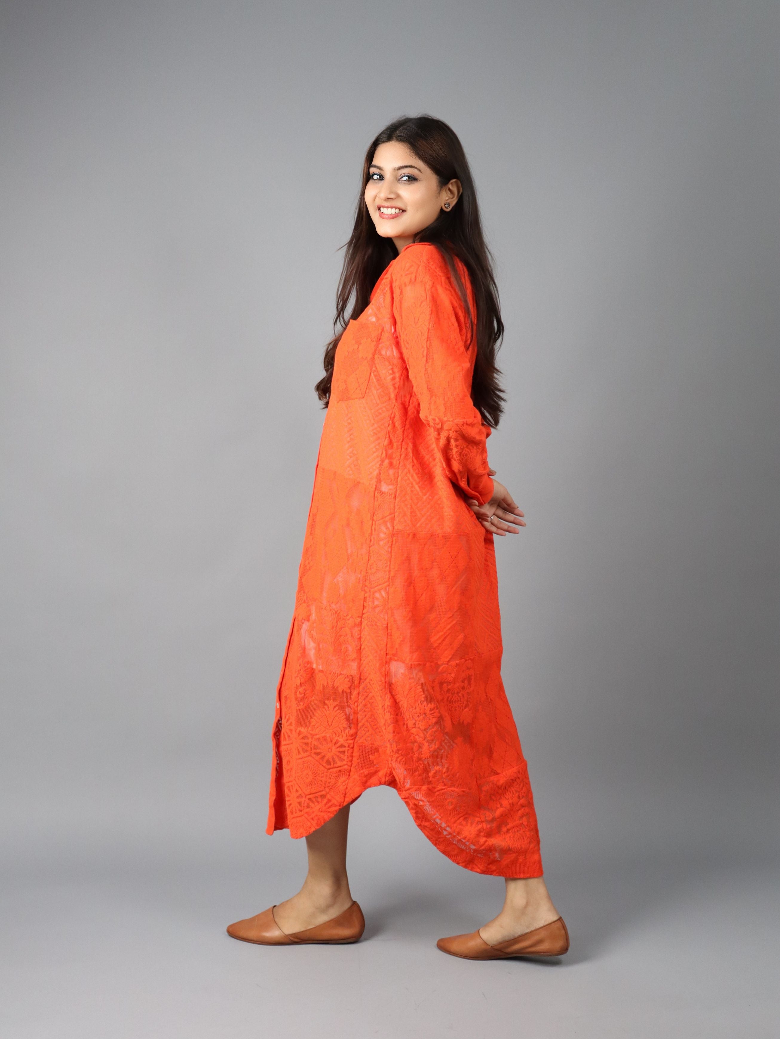 Orange Embroidered Shirt Midi Dress