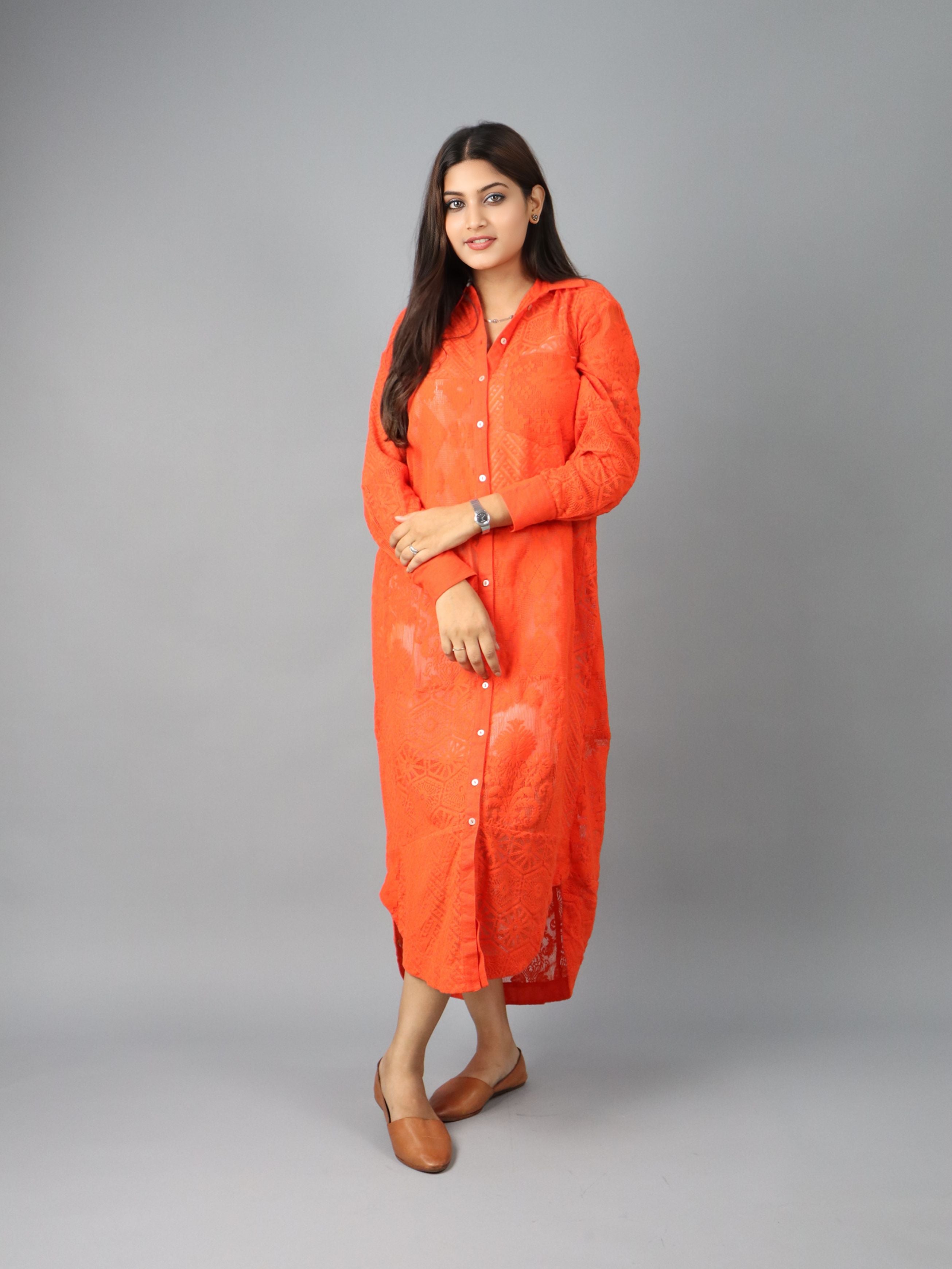 Women’s Orange Embroidered Shirt Midi Dress