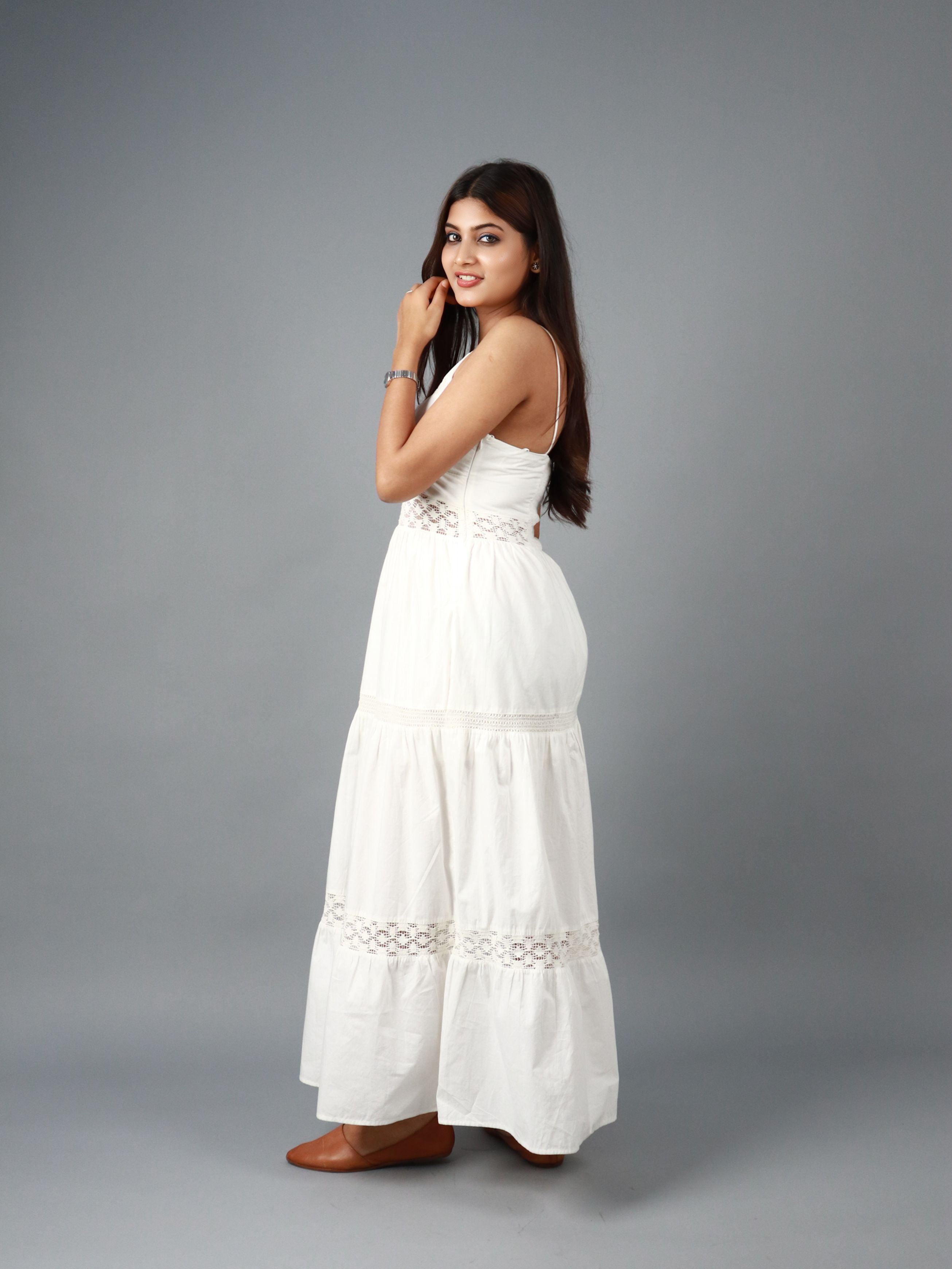 White Sleeveless Maxi Dress with Lace Detail