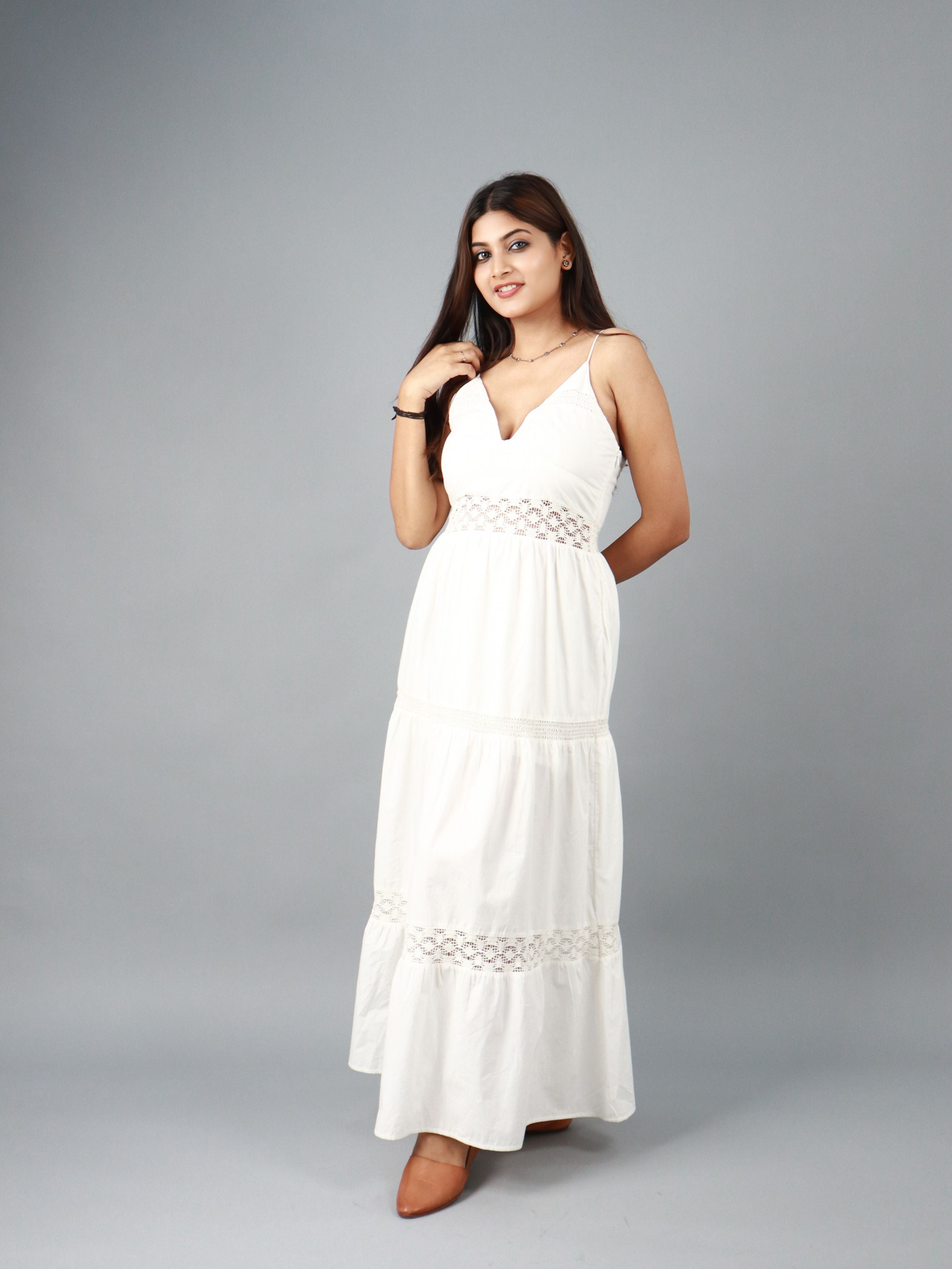 White Sleeveless Maxi Dress with Lace Detail