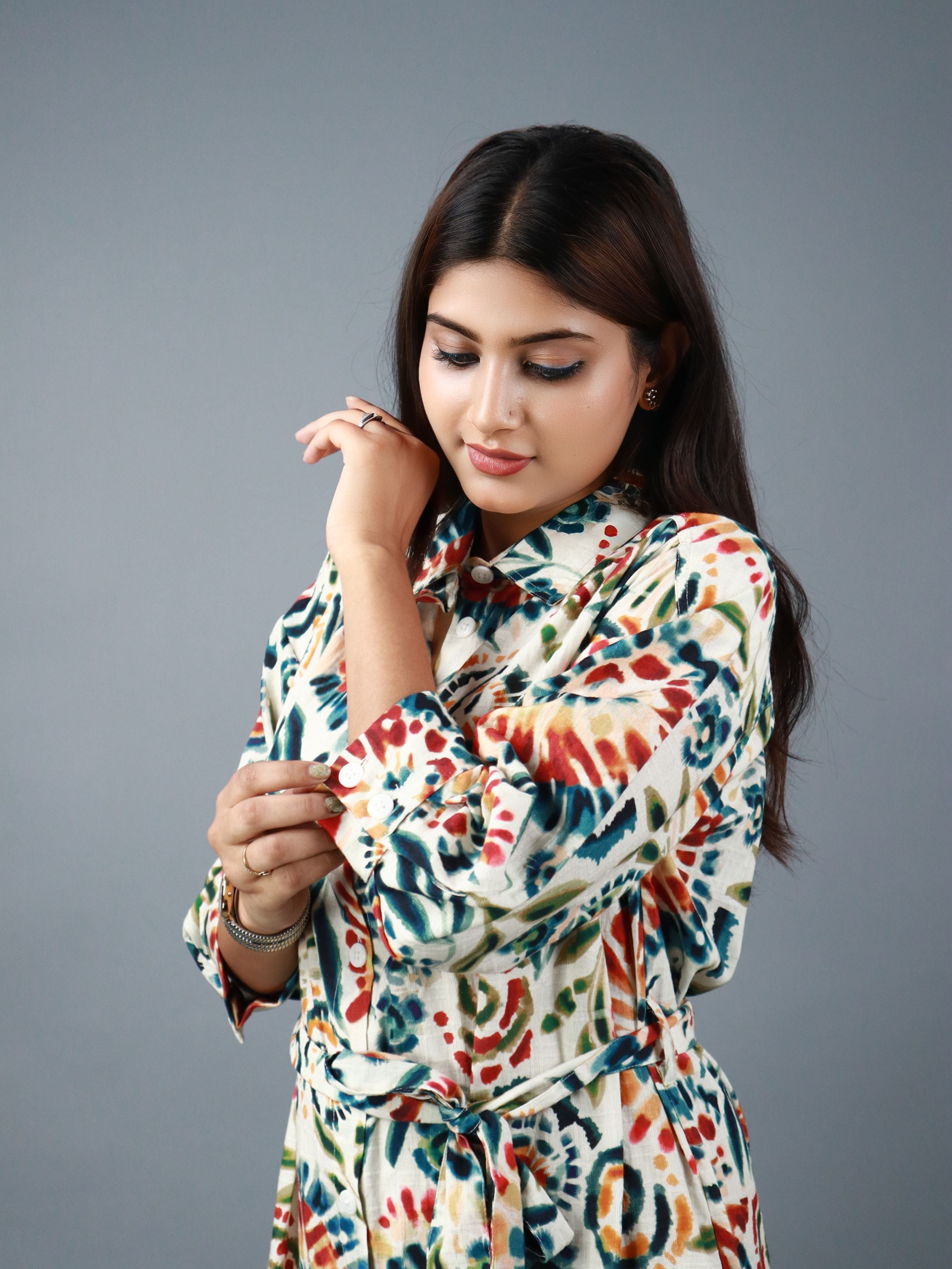 Multicolor Floral Print Shirt Style Belted Midi Dress