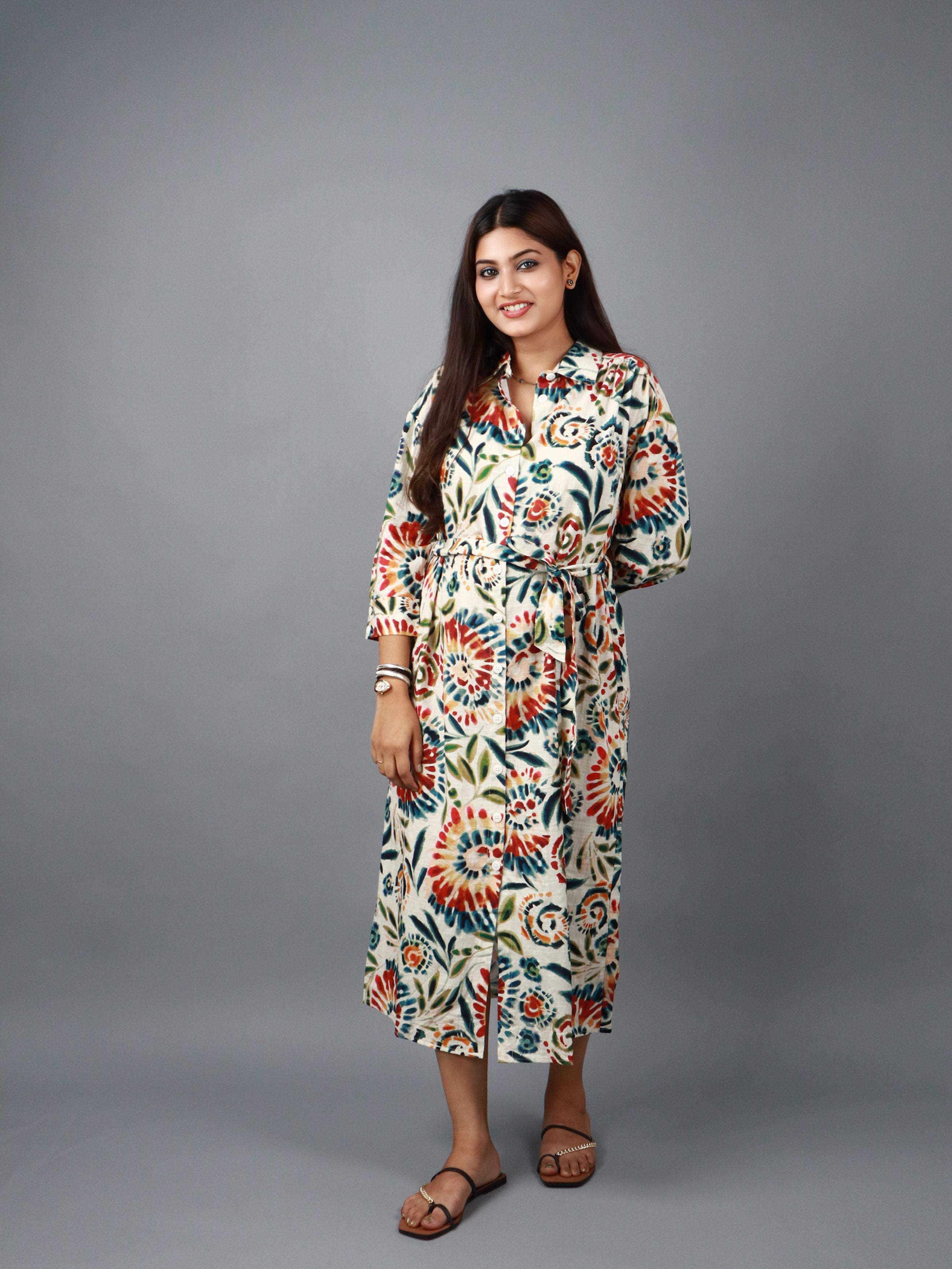 Multicolor Floral Print Shirt Style Belted Midi Dress