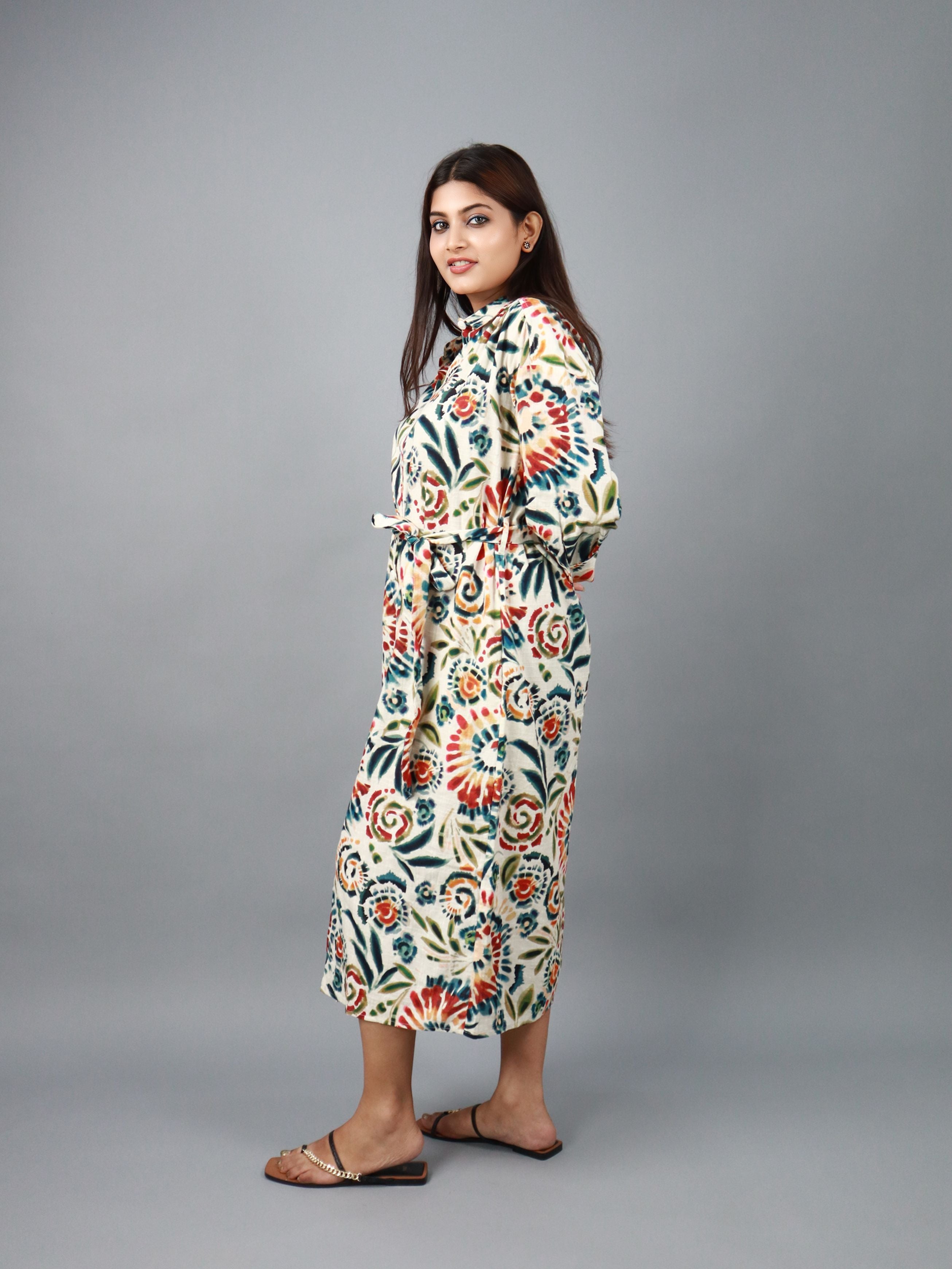 Multicolor Floral Print Shirt Style Belted Midi Dress
