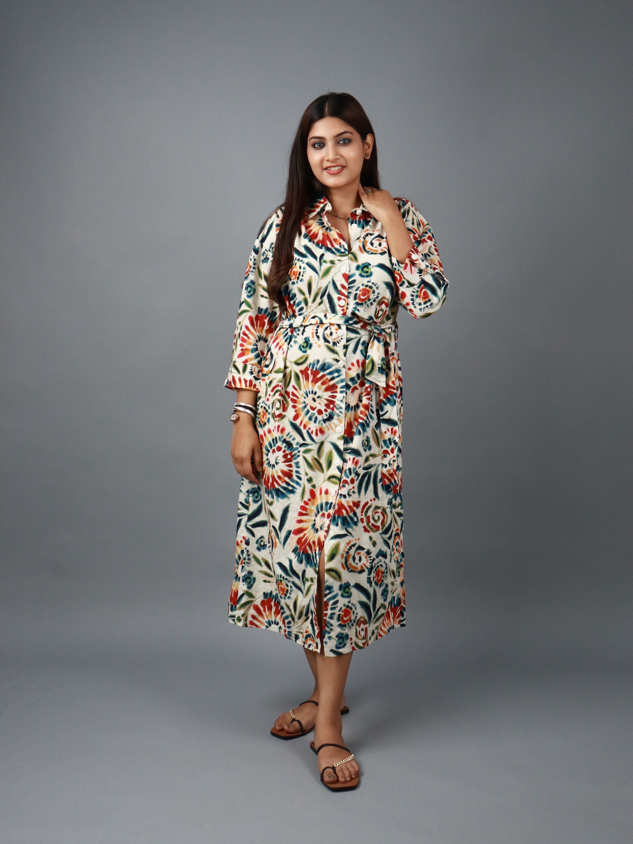 Women’s Multicolor Floral Print Shirt Style Belted Midi Dress
