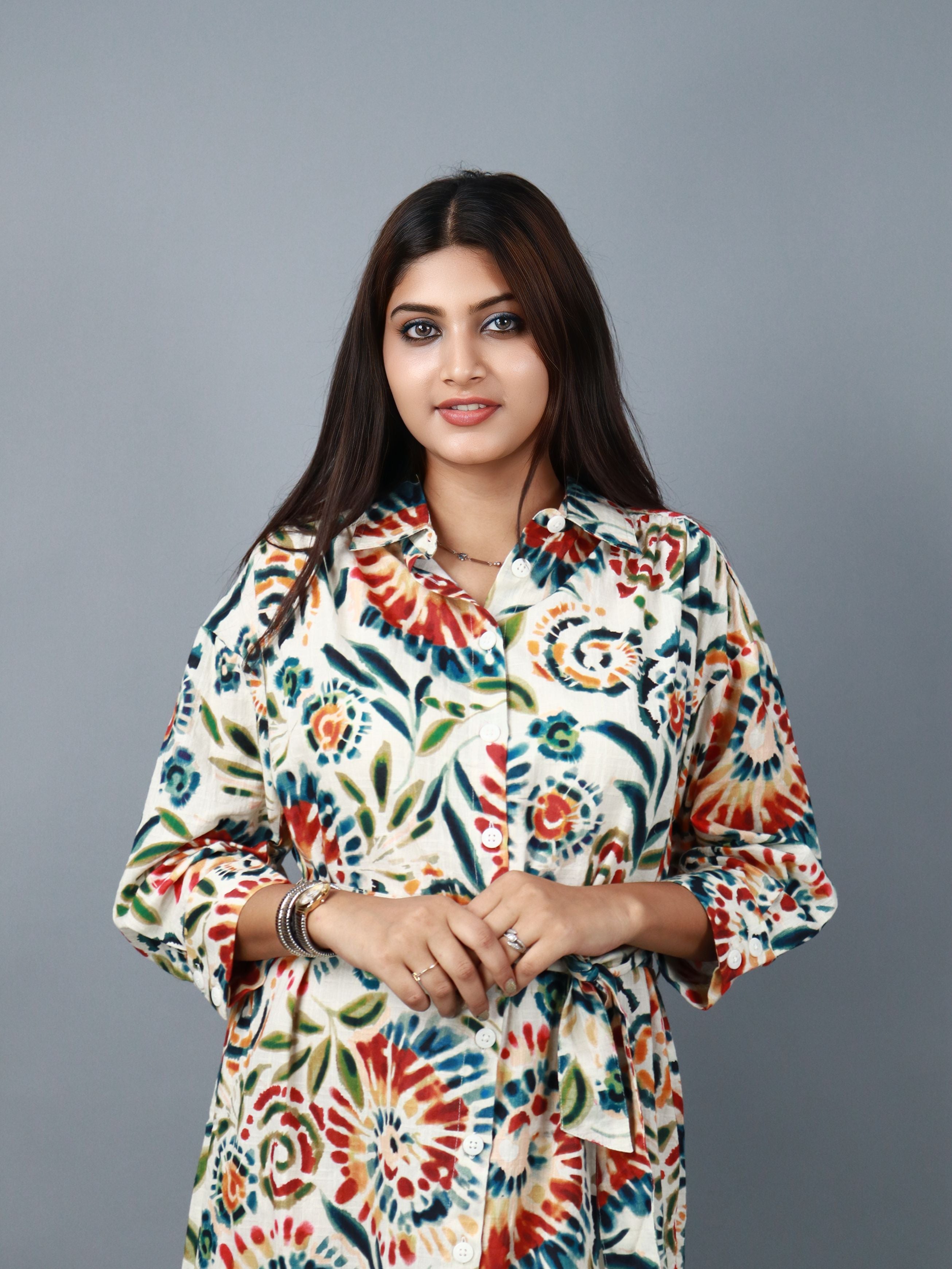 Multicolor Floral Print Shirt Style Belted Midi Dress