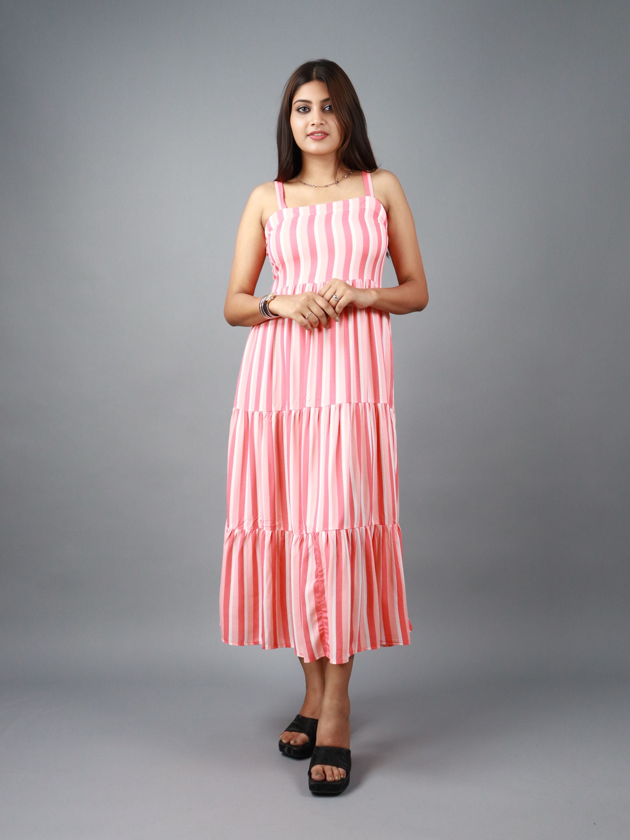Pink & White Striped Tiered Sleeveless Midi Dress