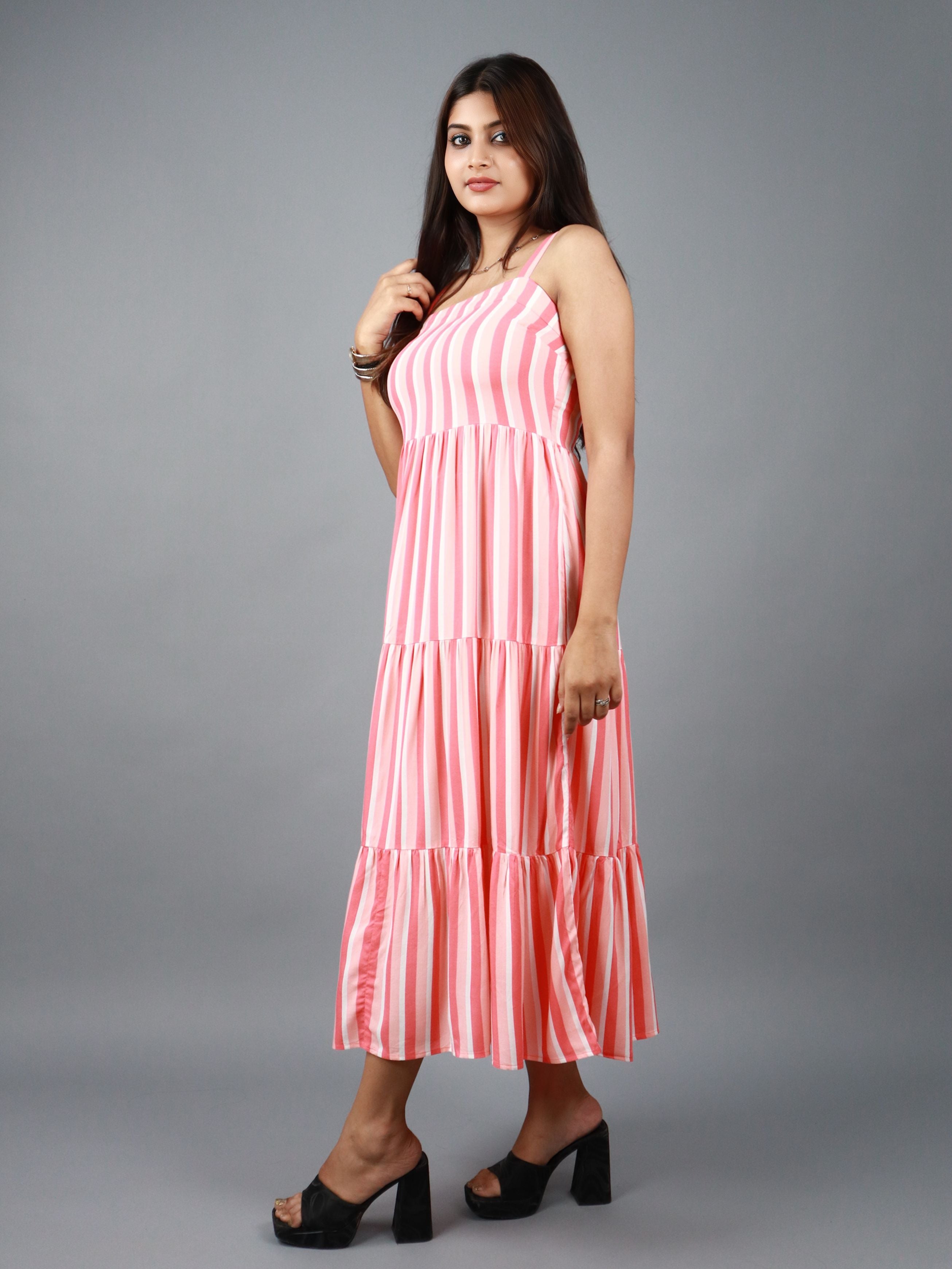 Women’s Pink & White Striped Tiered Sleeveless Midi Dress