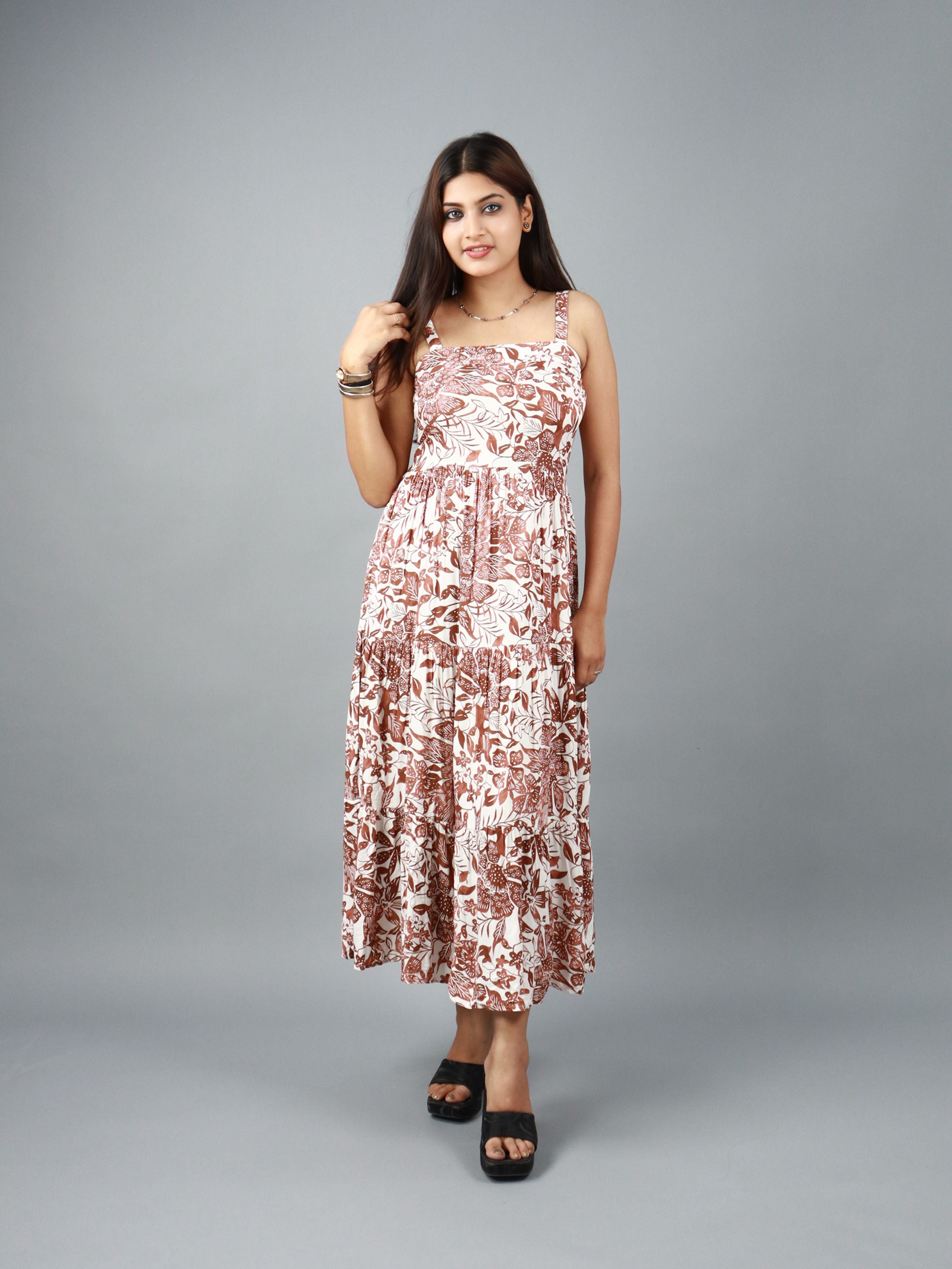 Women’s Brown & White Floral Printed Sleeveless Midi Dress