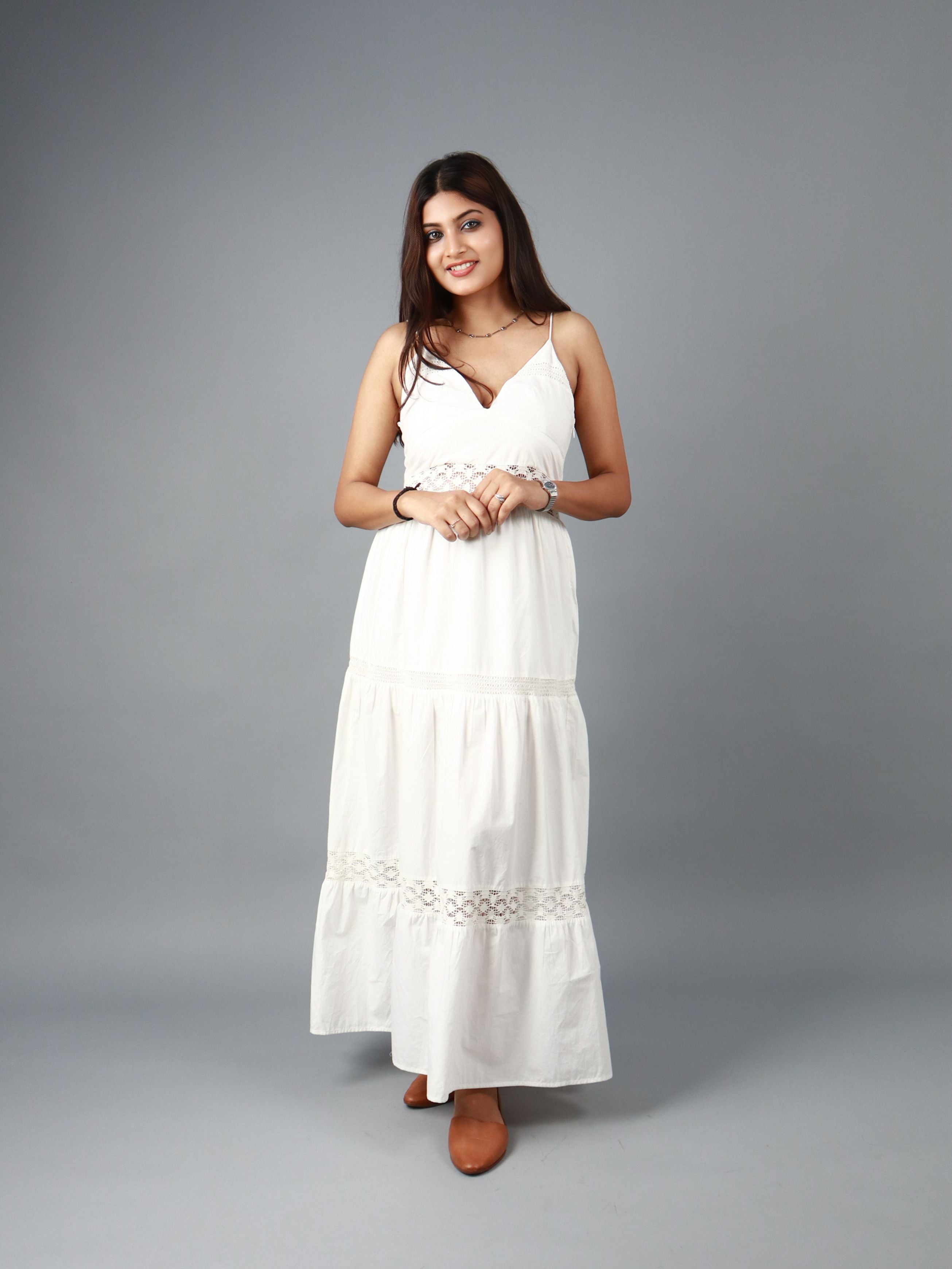 White Sleeveless Maxi Dress with Lace Detail