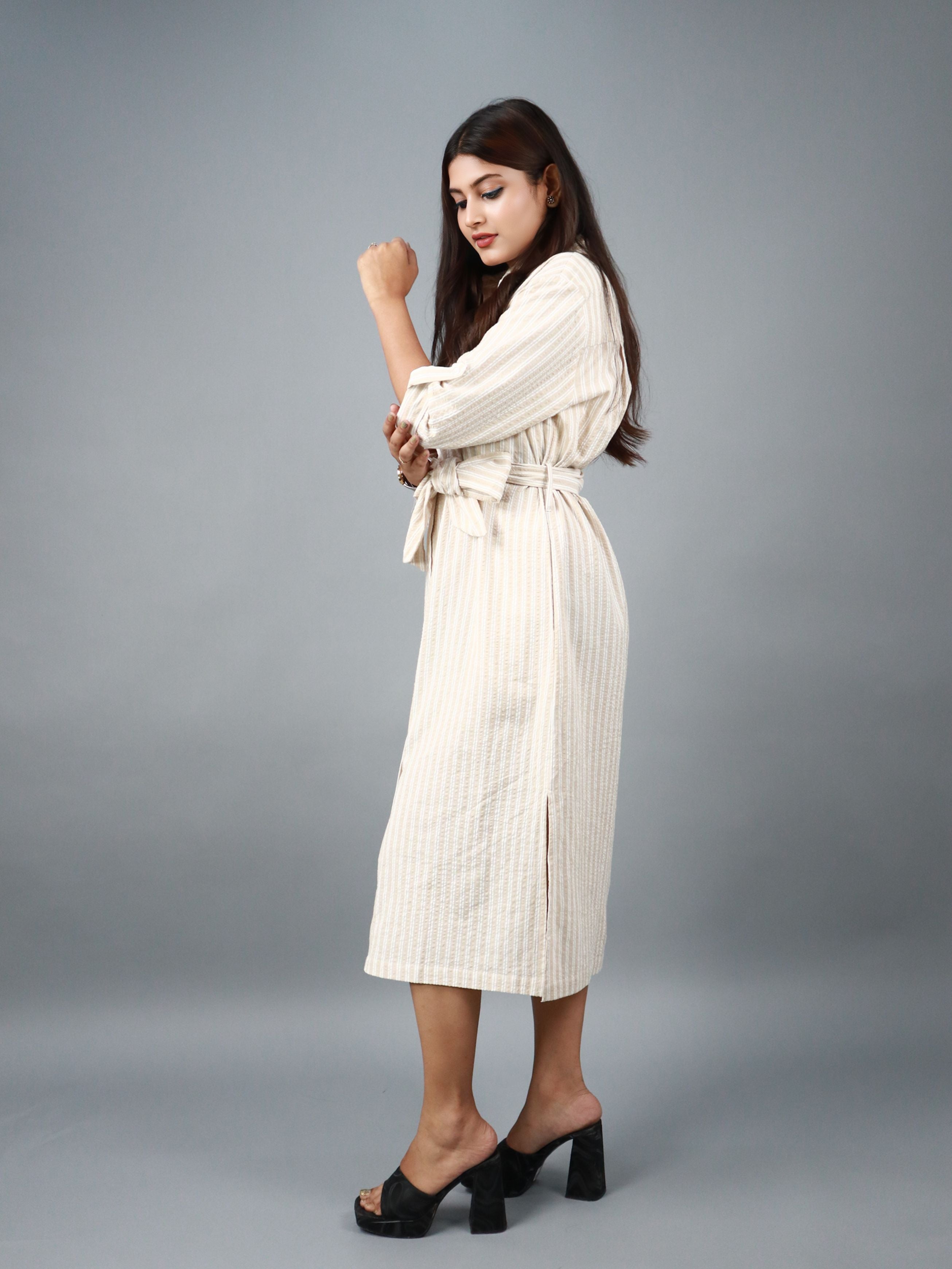 Women’s Beige Striped Belted Shirt Midi Dress