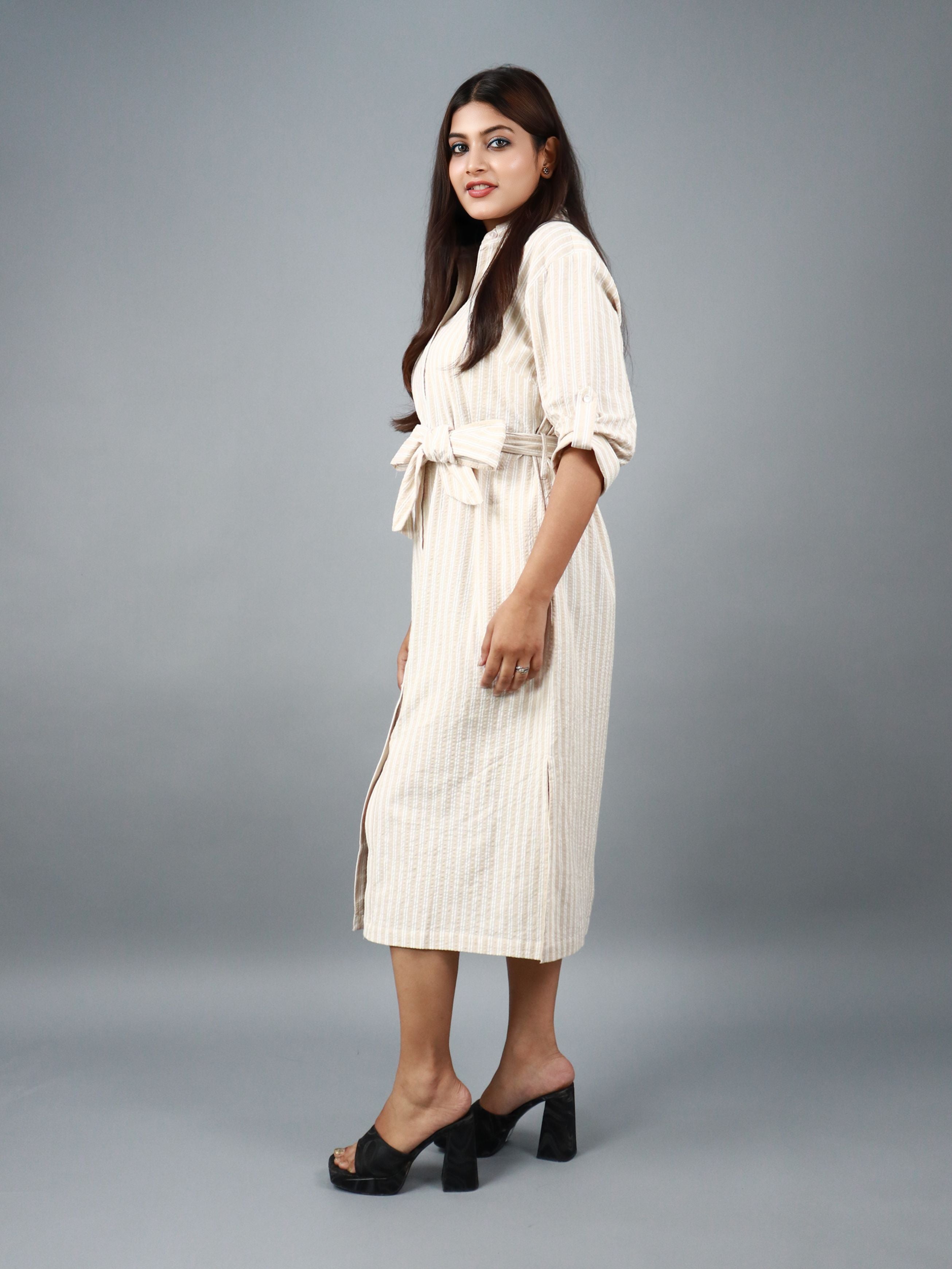Women’s Beige Striped Belted Shirt Midi Dress