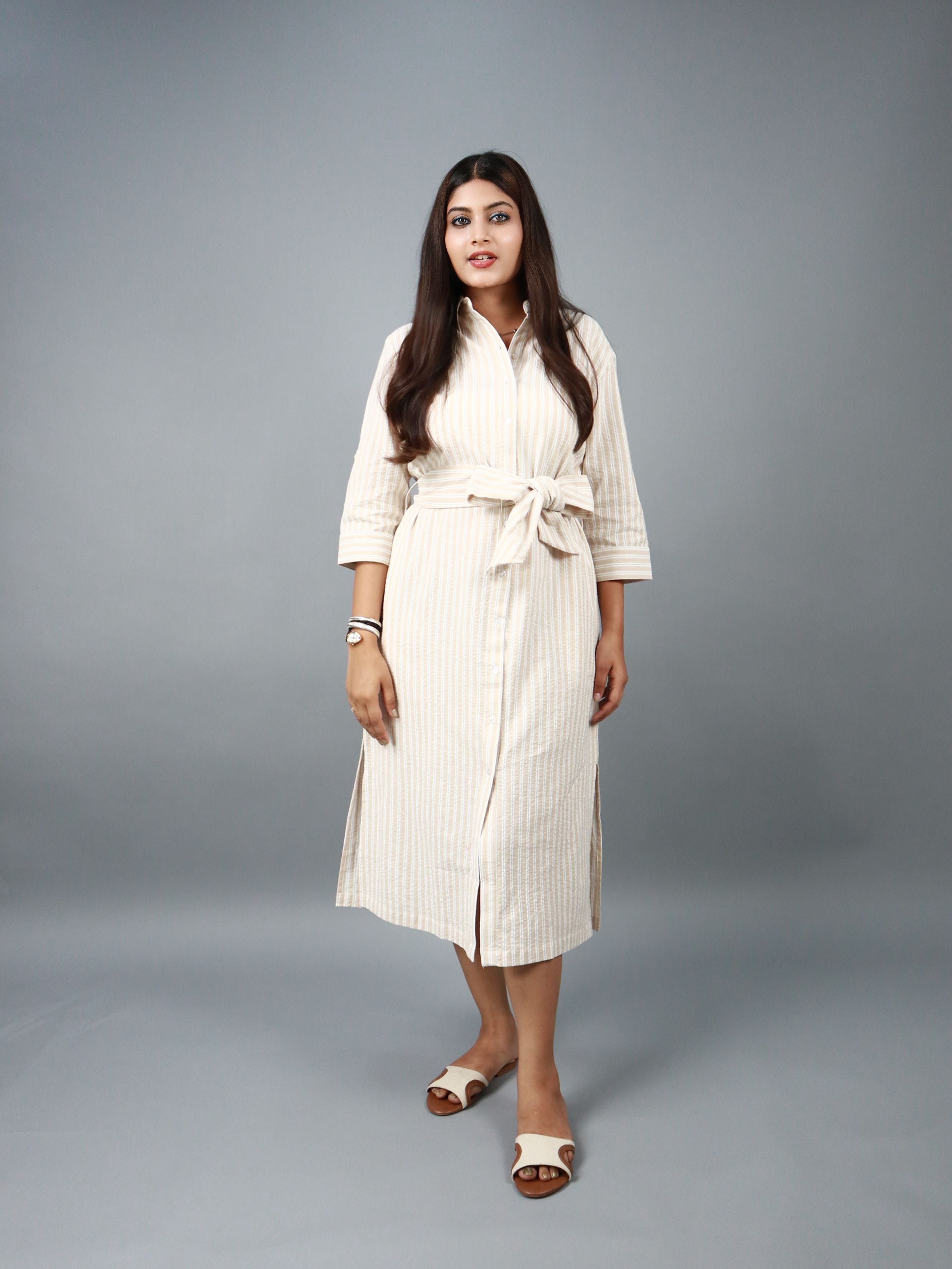 Women’s Beige Striped Belted Shirt Midi Dress