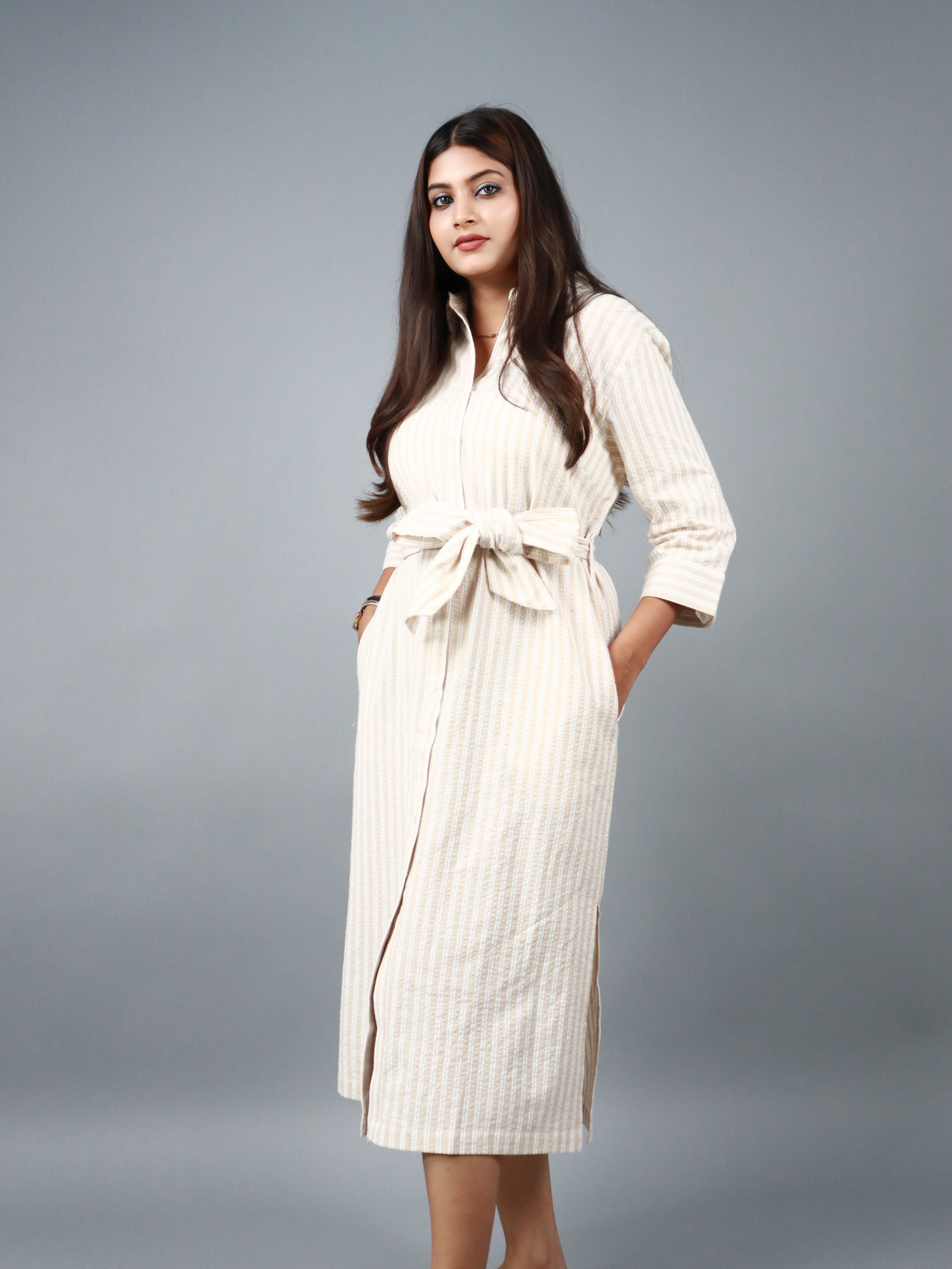 Women’s Beige Striped Belted Shirt Midi Dress