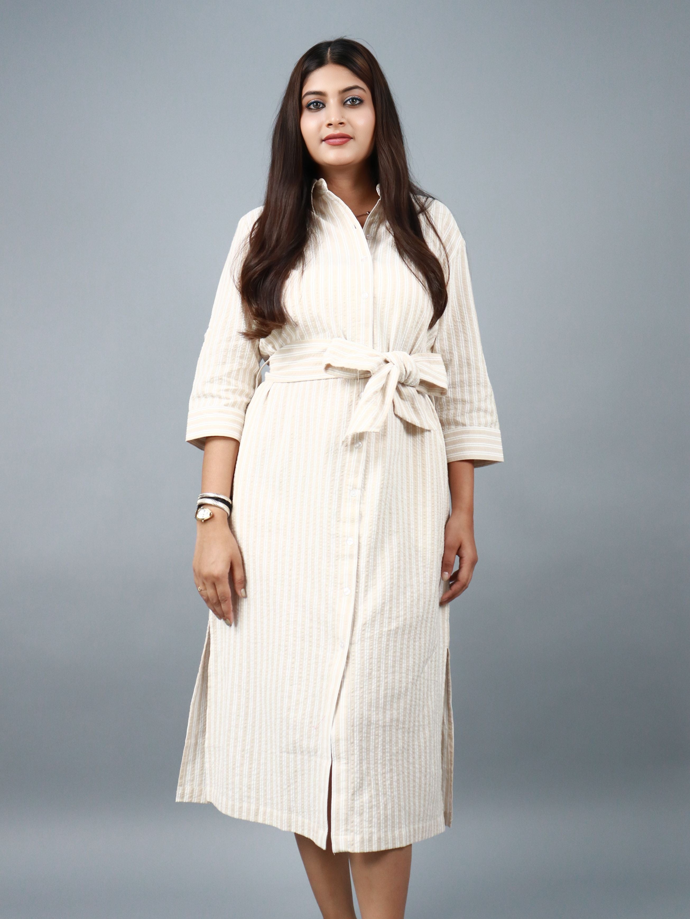 Women’s Beige Striped Belted Shirt Midi Dress