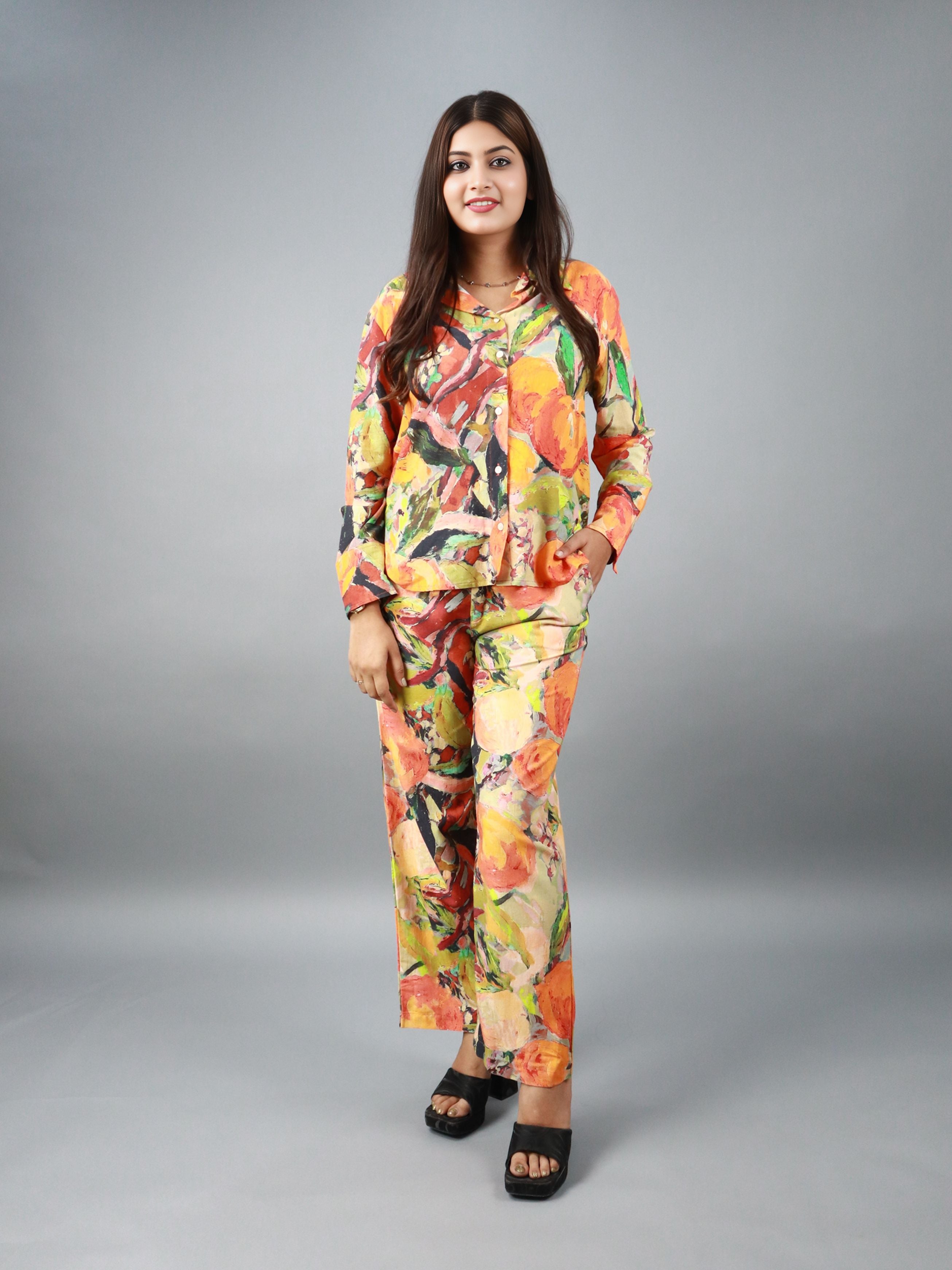 Women’s Multicolor Floral Abstract Print Co-ord Set (Shirt & Pants)