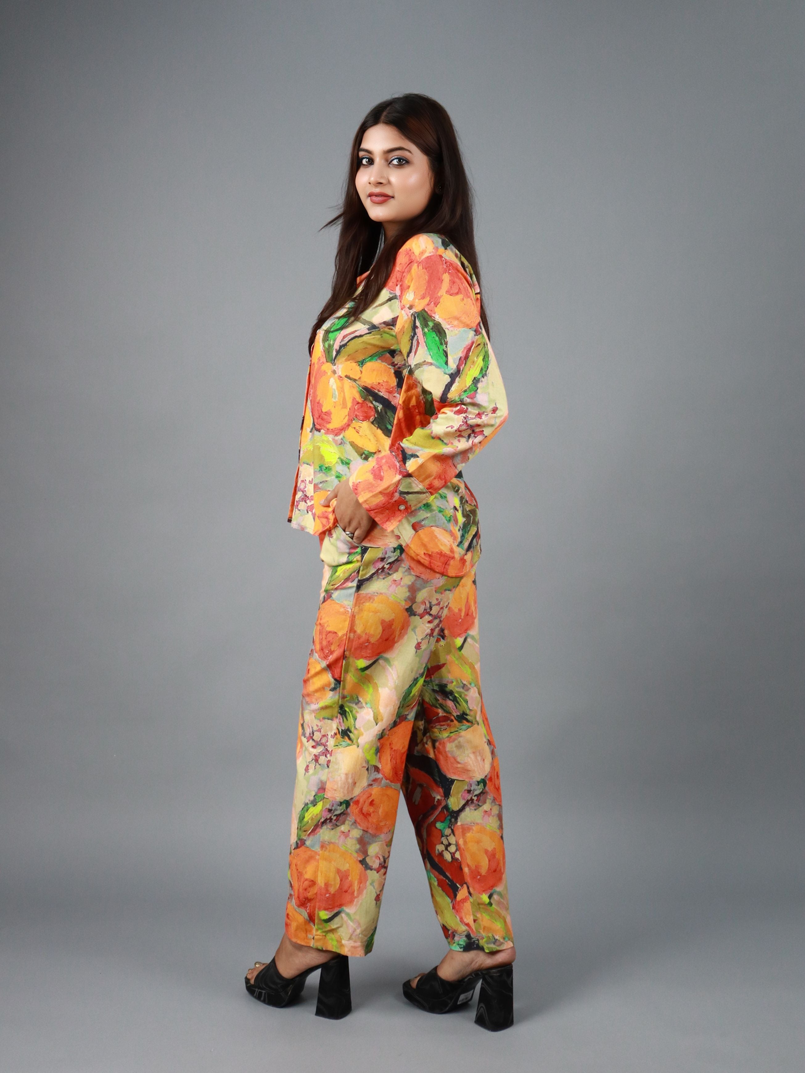 Women’s Multicolor Floral Abstract Print Co-ord Set (Shirt & Pants)