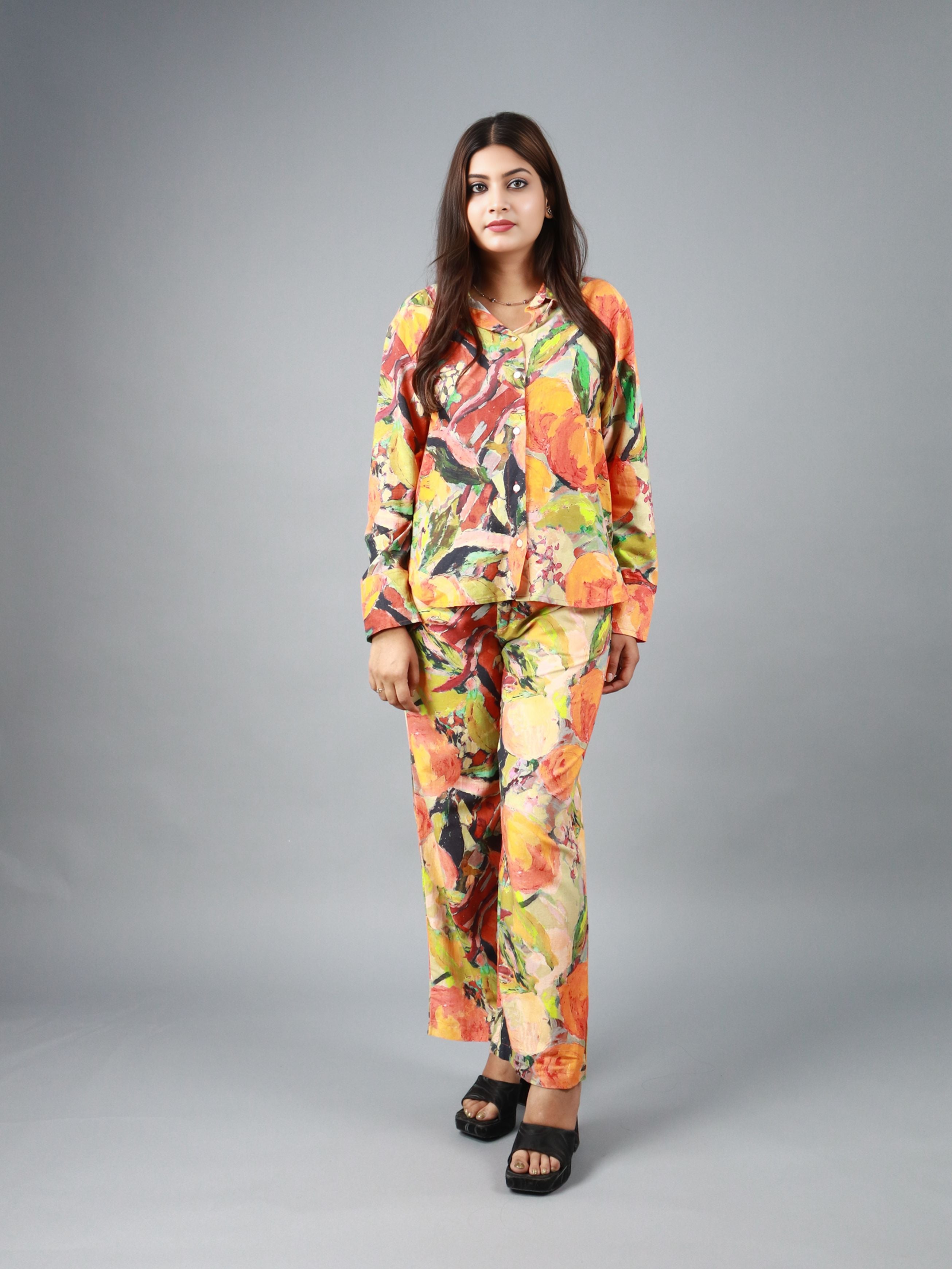 Women’s Multicolor Floral Abstract Print Co-ord Set (Shirt & Pants)