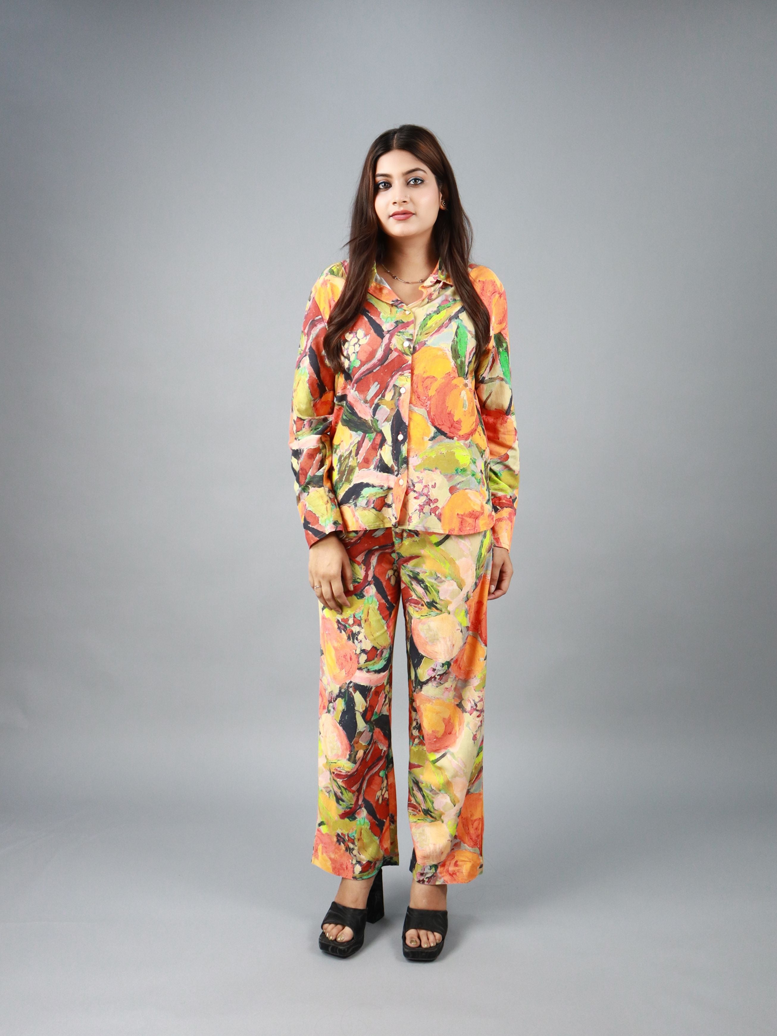 Women’s Multicolor Floral Abstract Print Co-ord Set (Shirt & Pants)