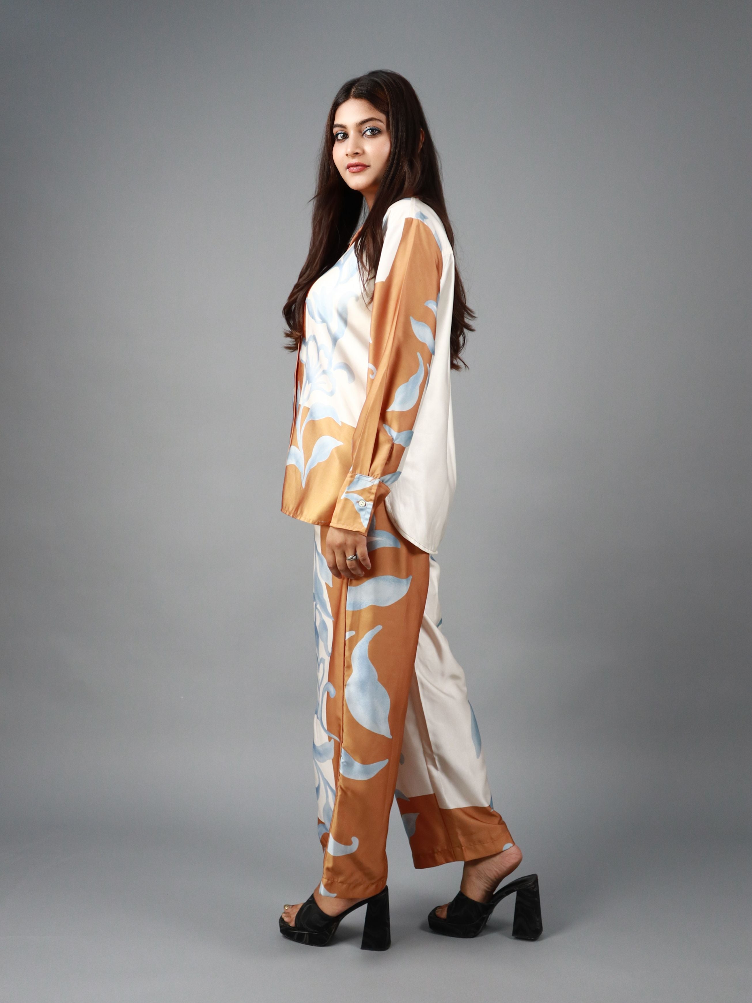 Women’s Brown & Blue Oversized Floral Print Co-ord Set (Shirt & Pants)