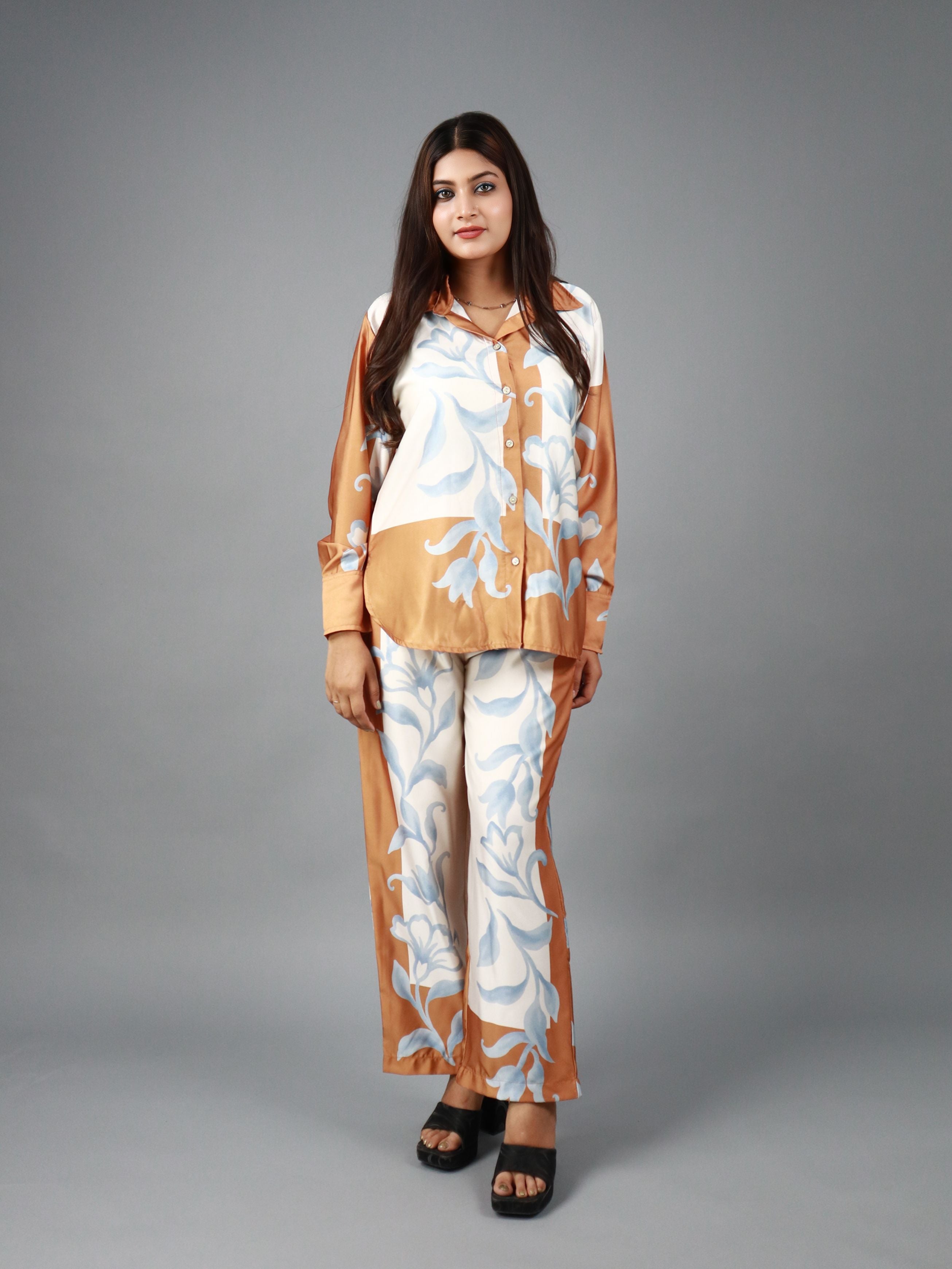 Women’s Brown & Blue Oversized Floral Print Co-ord Set (Shirt & Pants)