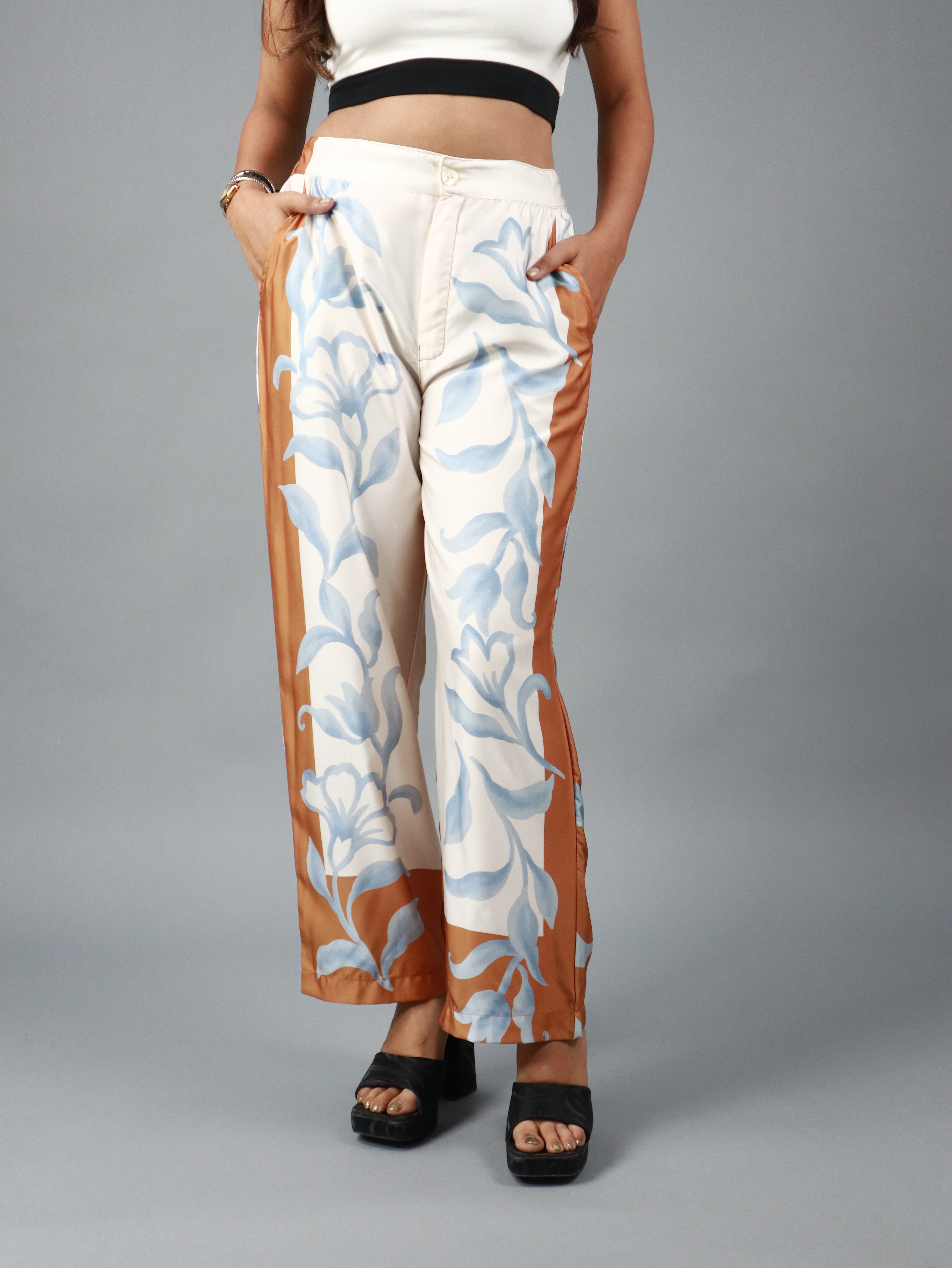 Women’s Brown & Blue Oversized Floral Print Co-ord Set (Shirt & Pants)