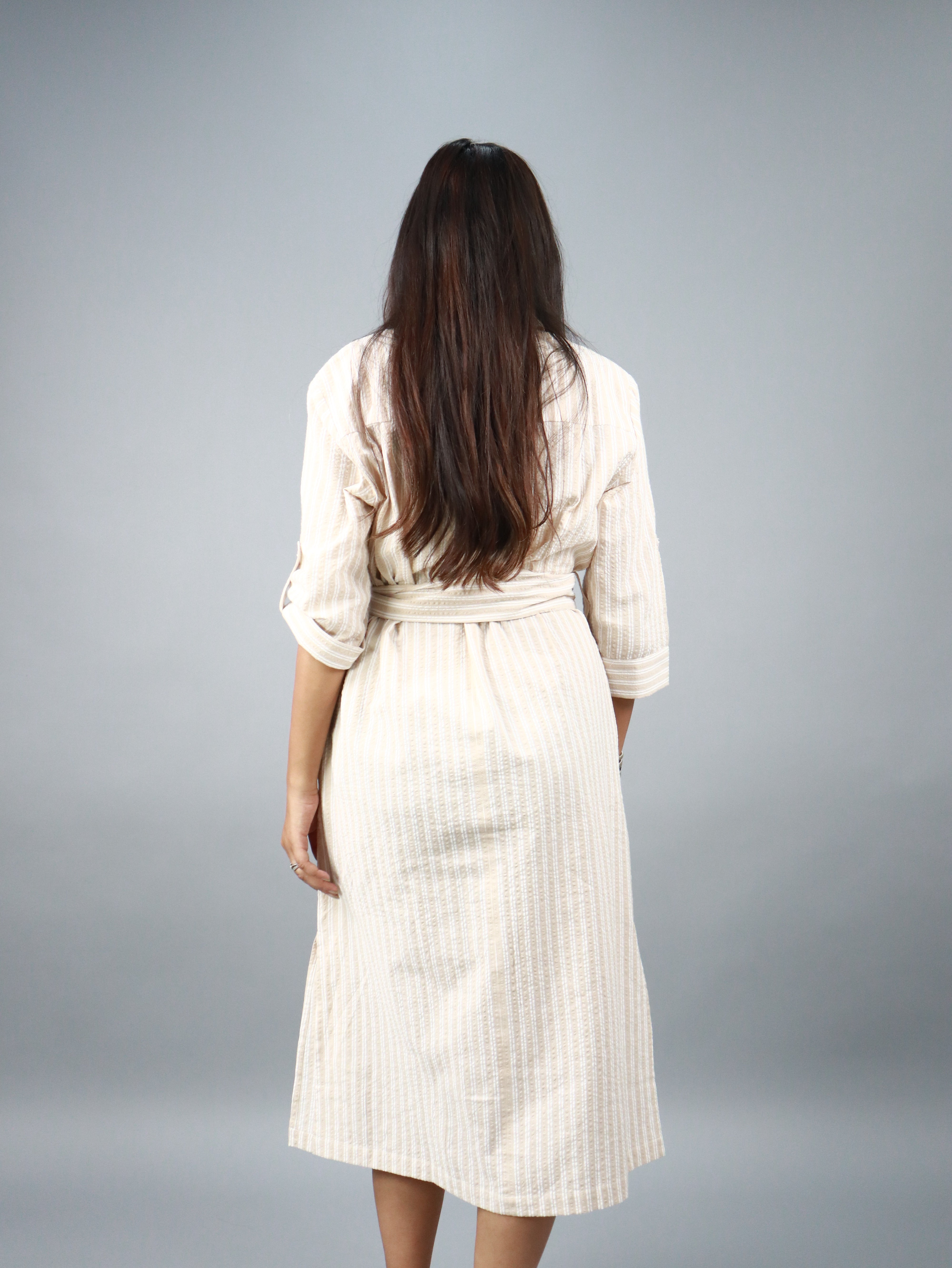 Women’s Beige Striped Belted Shirt Midi Dress