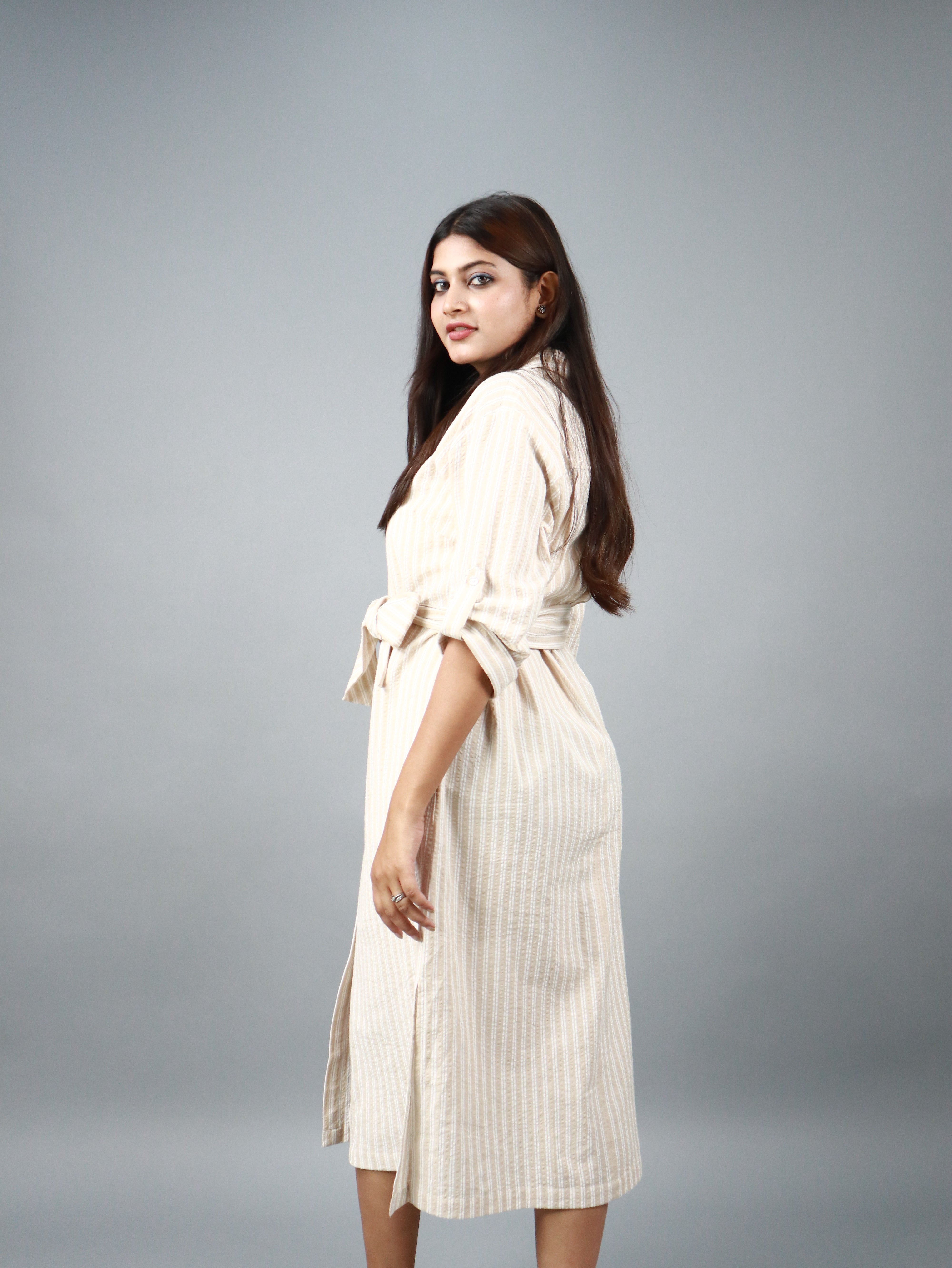 Women’s Beige Striped Belted Shirt Midi Dress