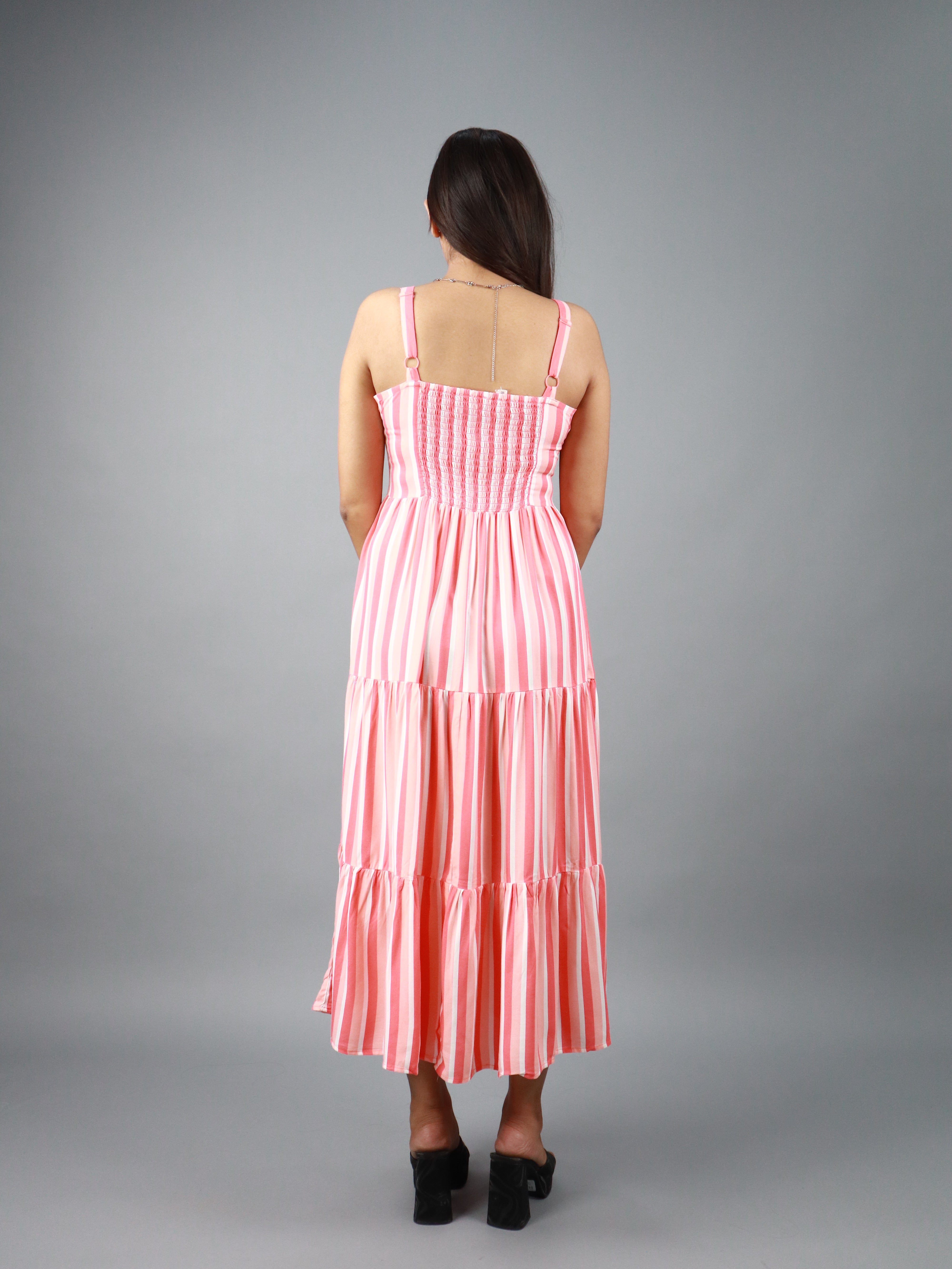 Pink & White Striped Tiered Sleeveless Midi Dress