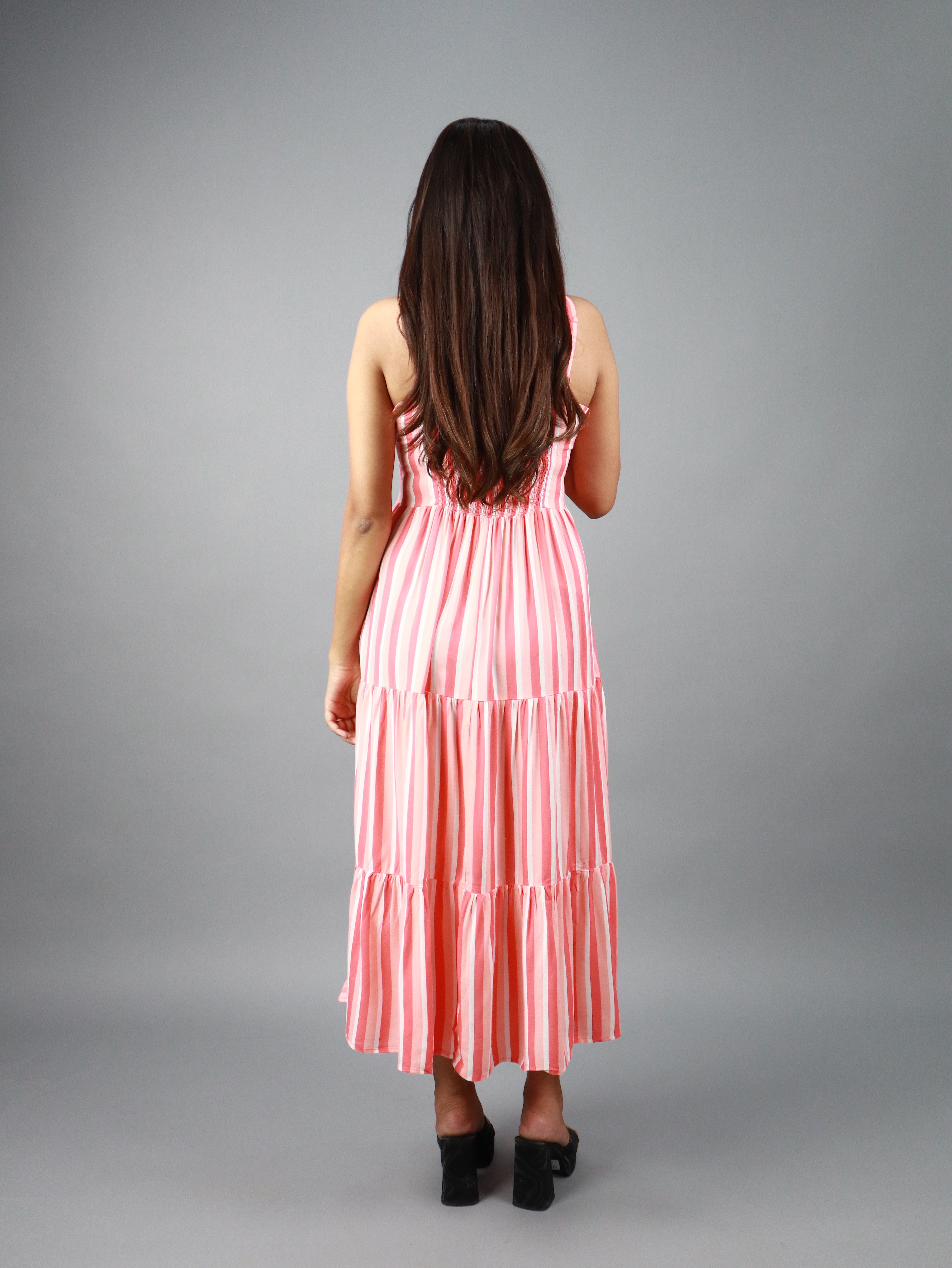 Pink & White Striped Tiered Sleeveless Midi Dress