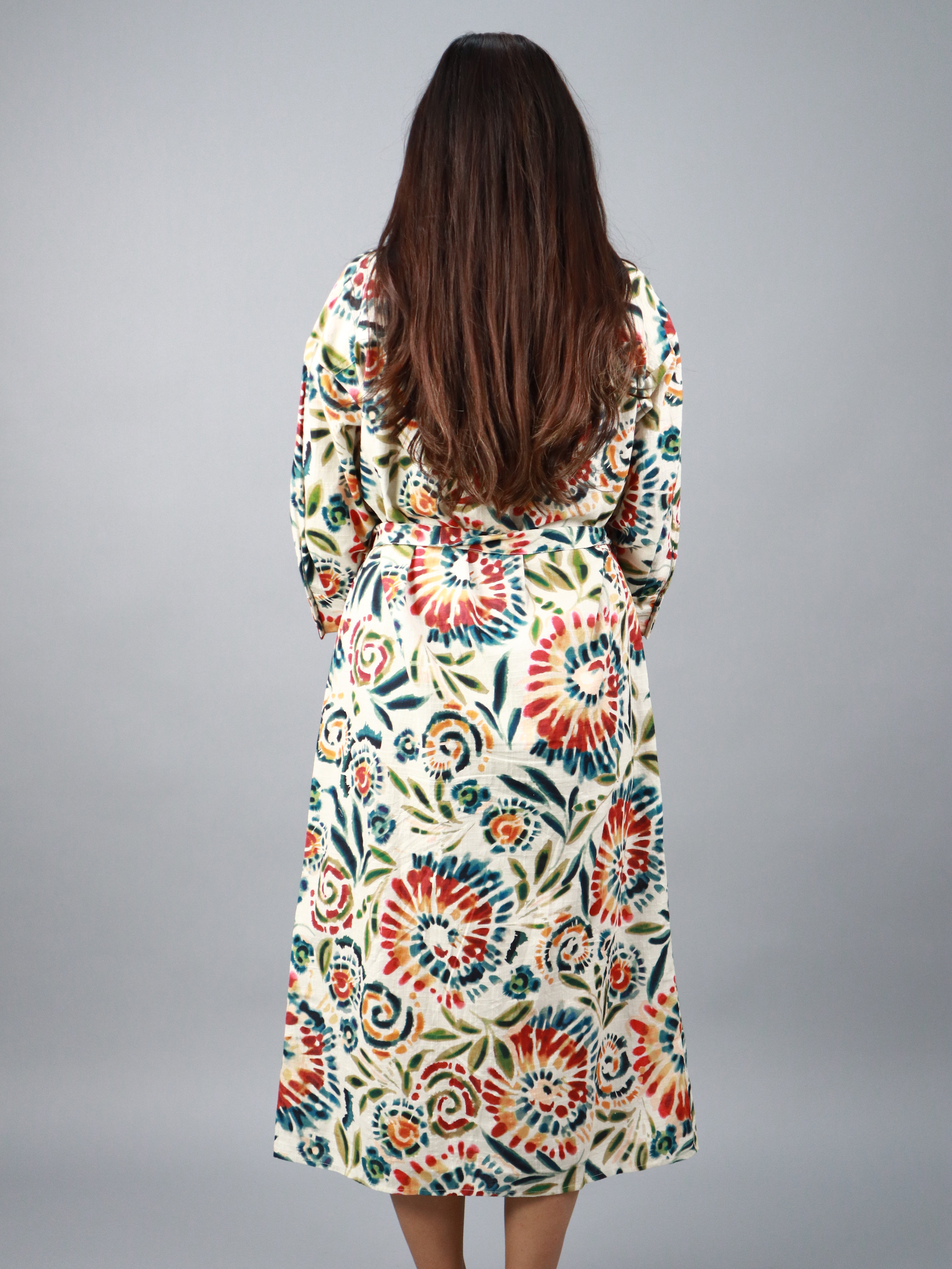 Multicolor Floral Print Shirt Style Belted Midi Dress