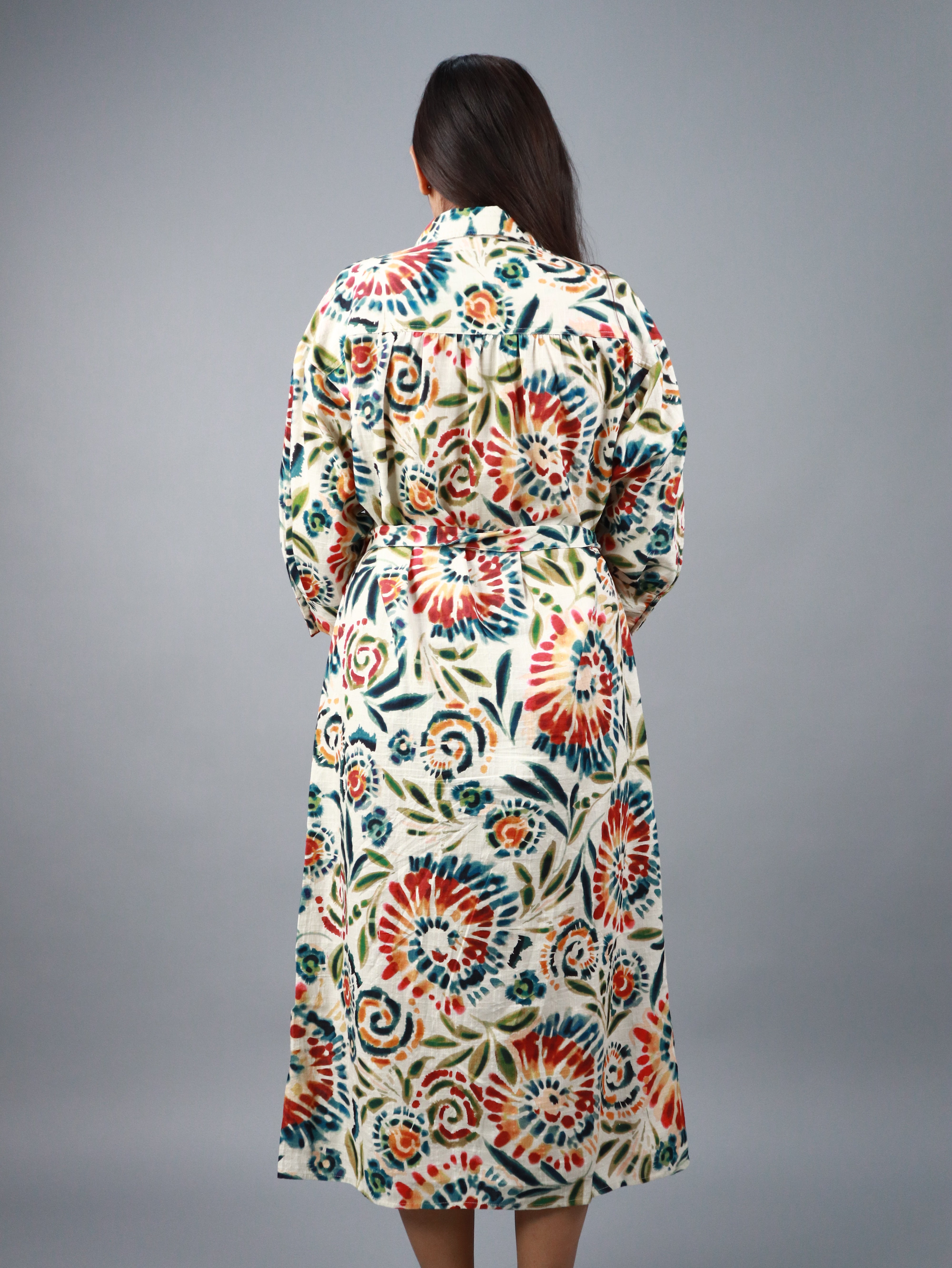 Women’s Multicolor Floral Print Shirt Style Belted Midi Dress
