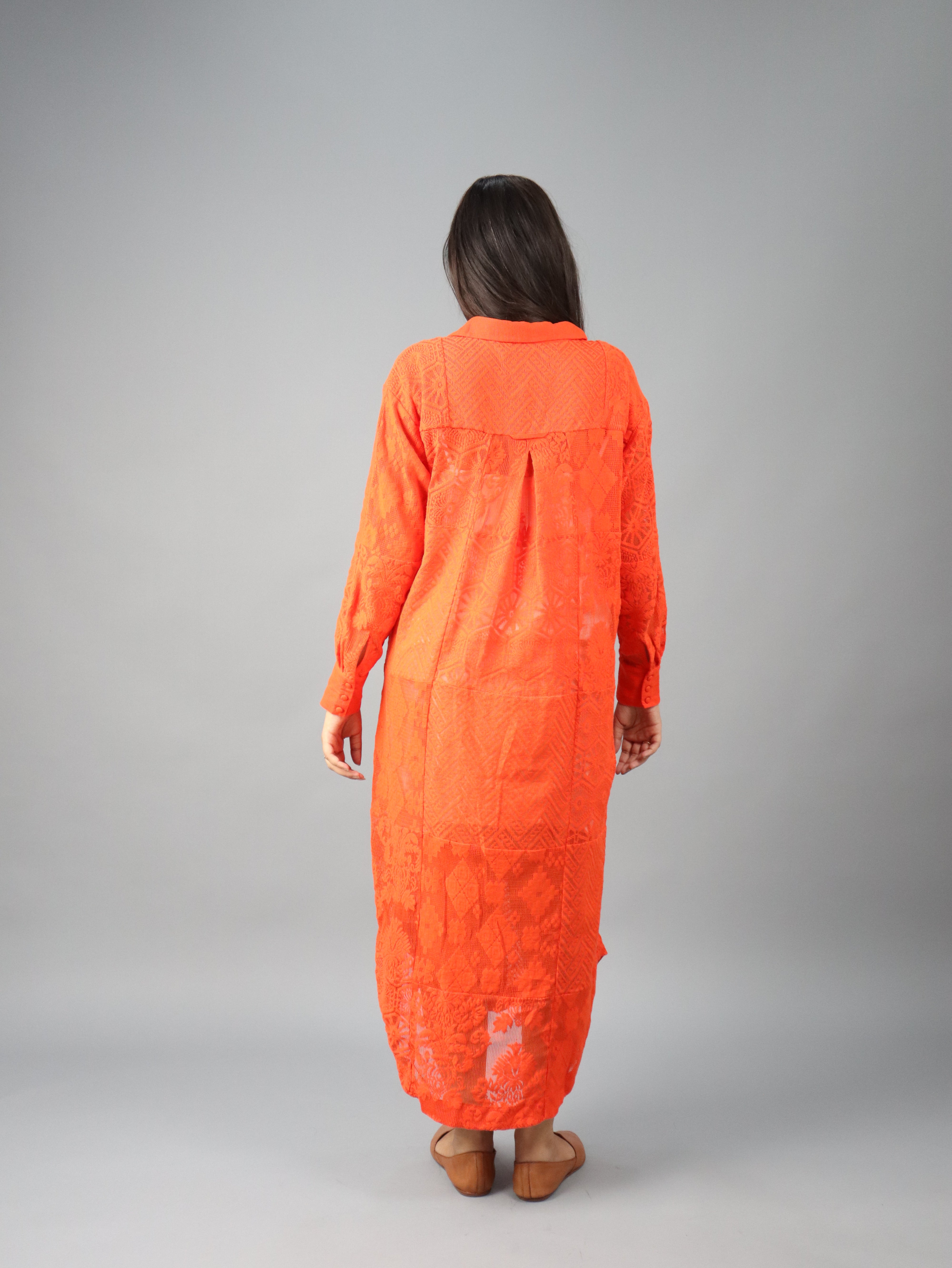 Orange Embroidered Shirt Midi Dress