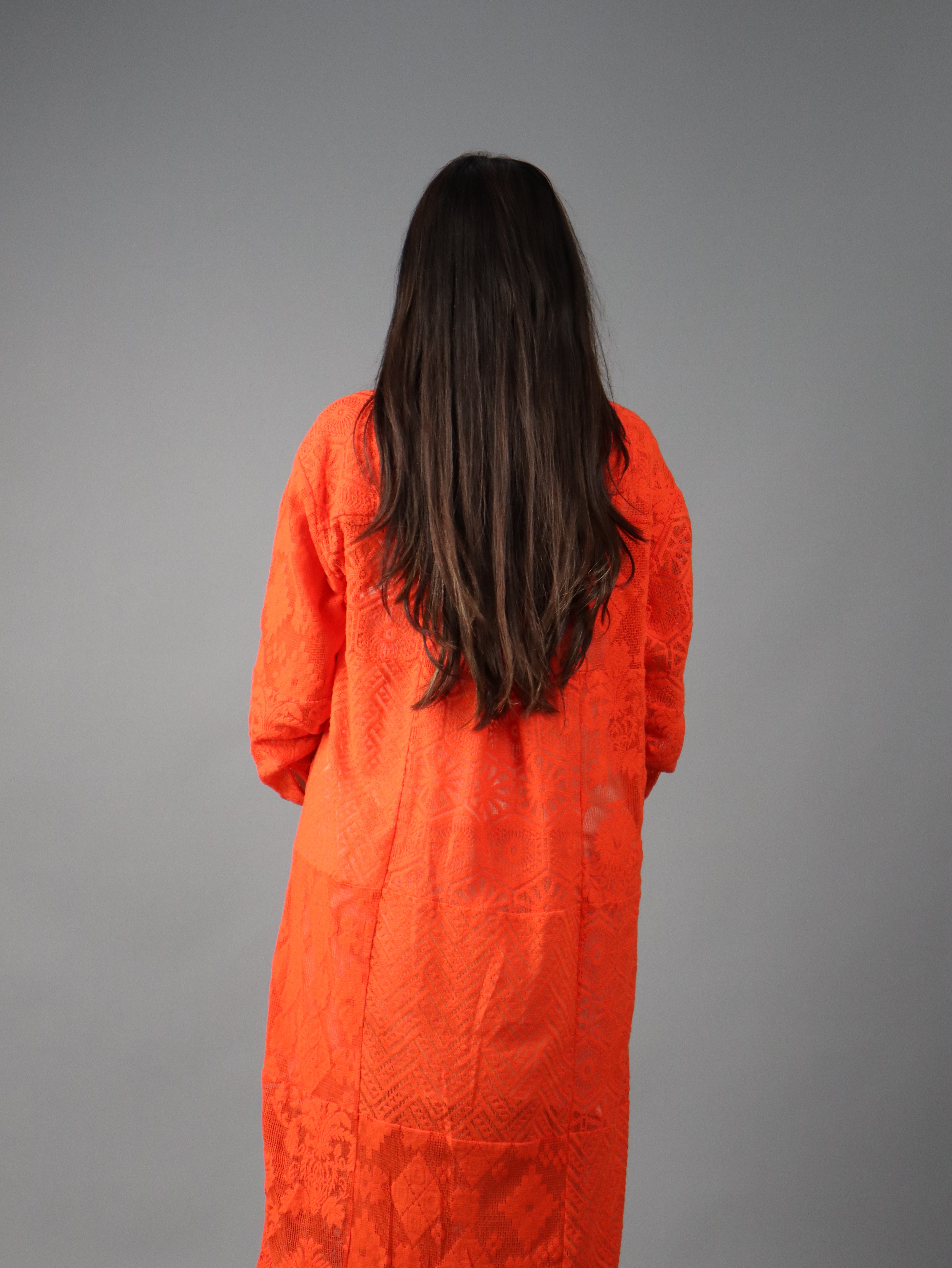 Women’s Orange Embroidered Shirt Midi Dress